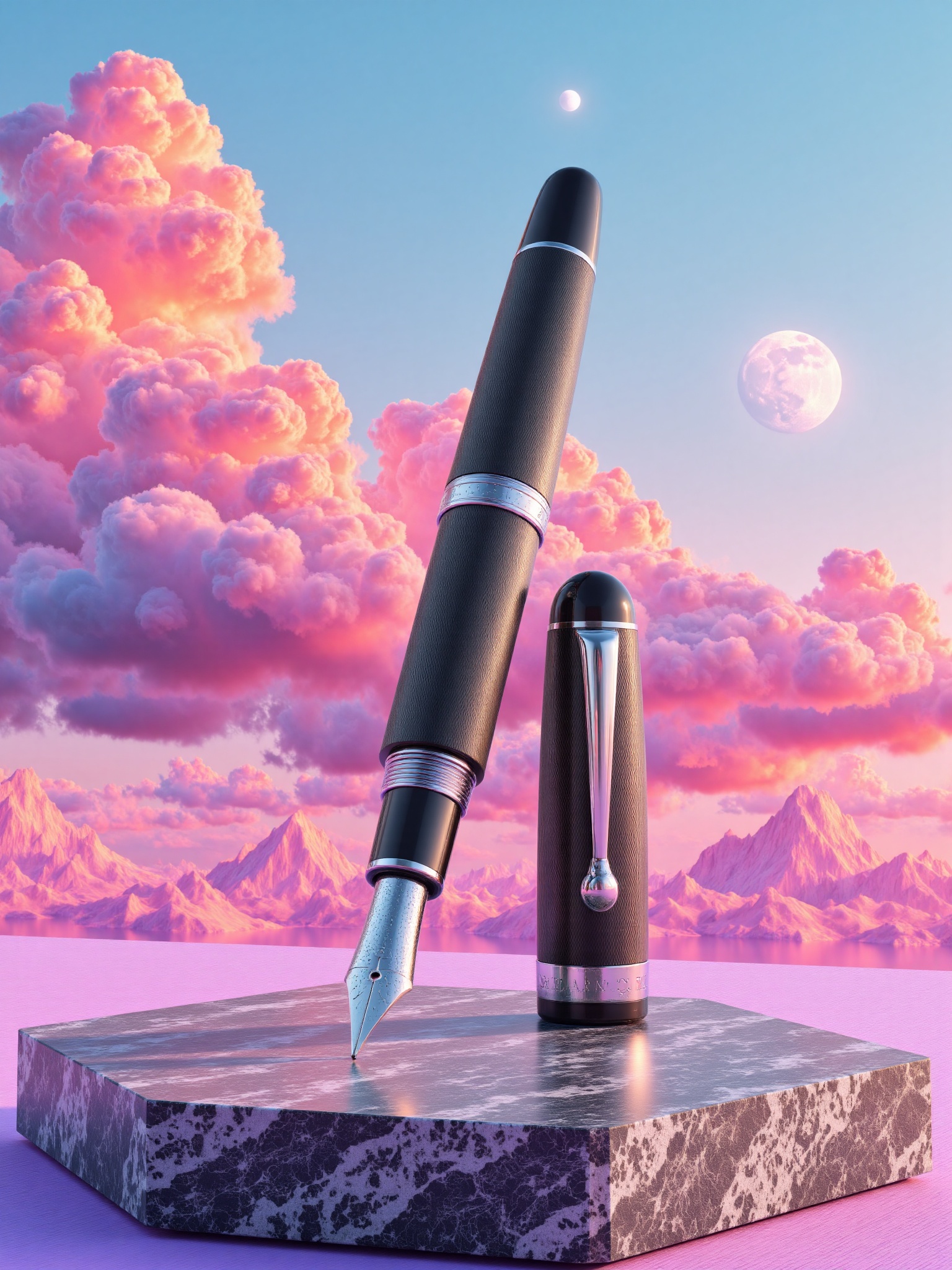 Product Shots,A photograph of a sleek black fountain pen with a silver nib and a matching pen holder,placed on a gray stone pedestal against a vibrant,surreal backdrop of pink and purple clouds,and a glowing full moon. The scene evokes a dreamy,ethereal atmosphere.,