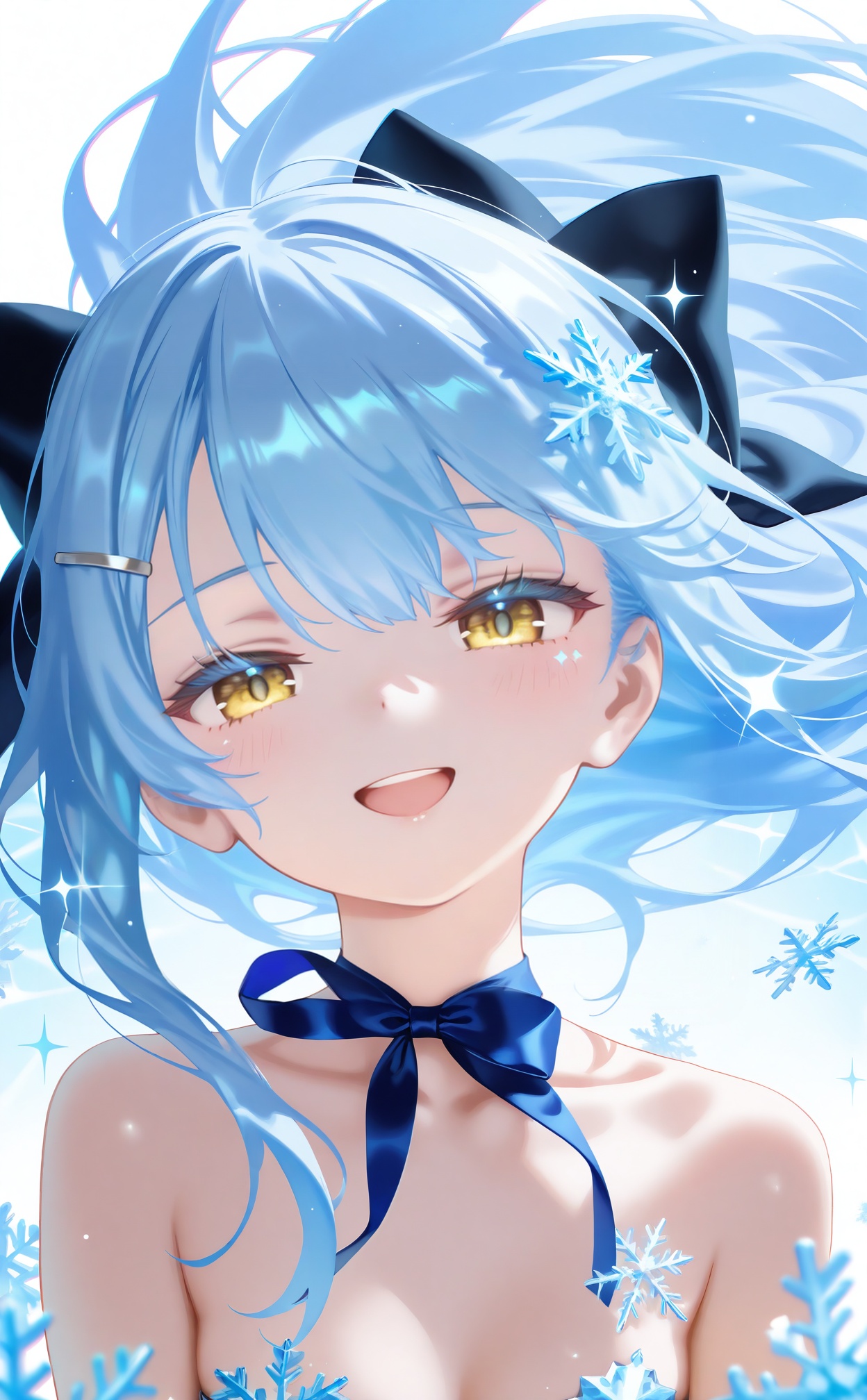 masterpiece,absurdres,best quality,high quality,chromatic_aberration,loli,petite,//,1girl,solo,blue_hair,long_hair,ribbon,yellow_eyes,looking_at_viewer,open_mouth,smile,hair_ornament,blue_ribbon,bare_shoulders,neck_ribbon,portrait,floating_hair,snowflakes,hair_ribbon,:d,collarbone,upper_body,hairclip,black_ribbon,sparkle,//,//,<lora:nyalia——【CKXL测试】hans:1>,