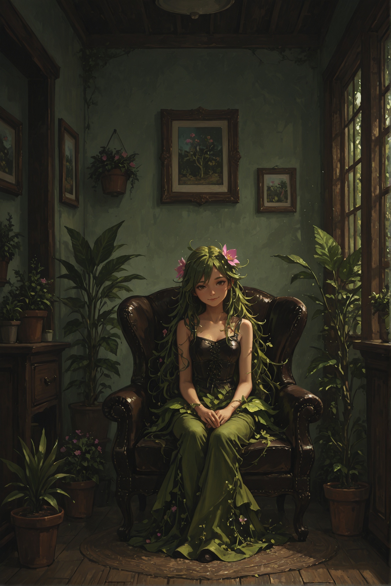 flower girl,  plant girl,  sitting in a leather chair on Tensor.Art