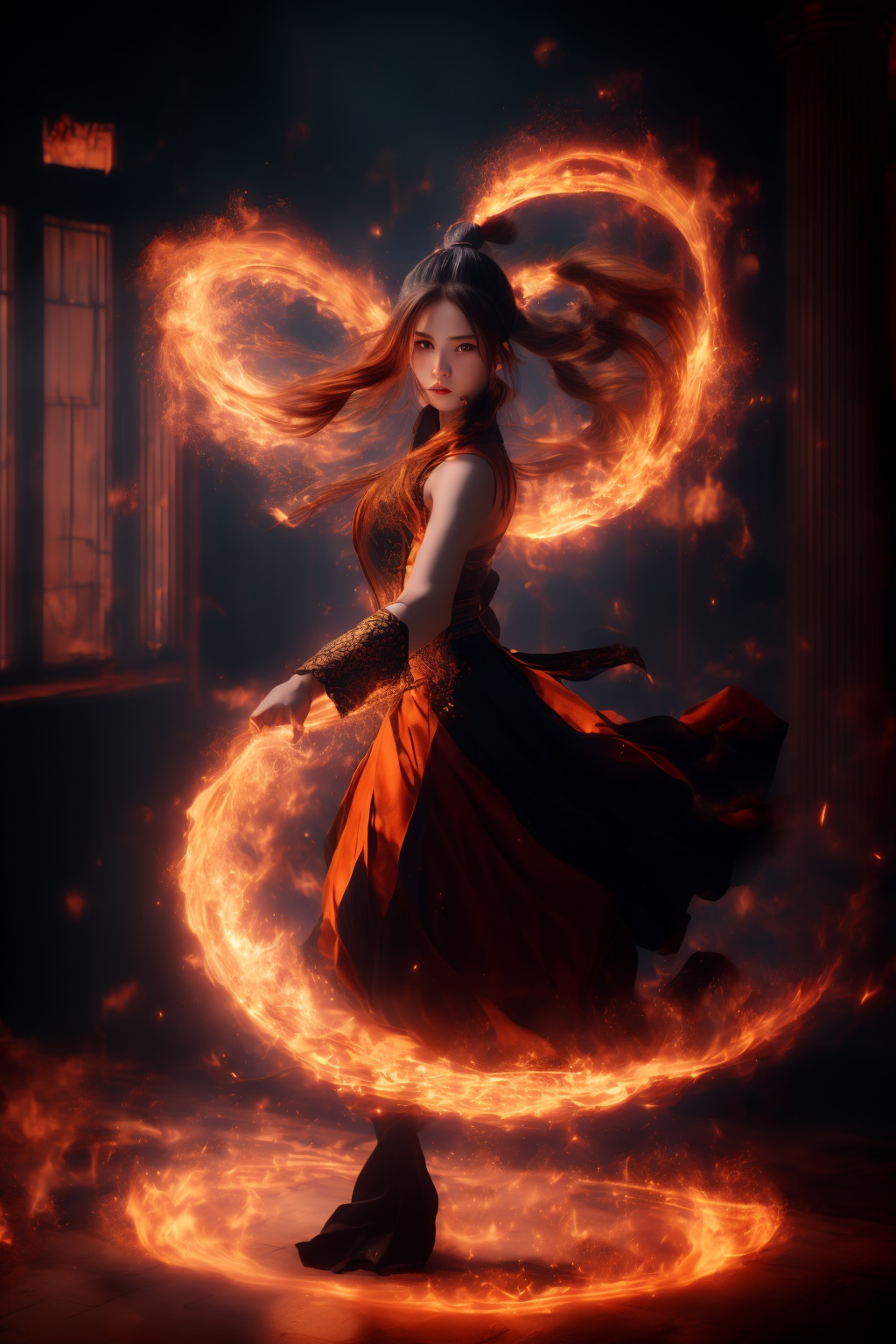 orang-aura,using orang-magic,orang-magic,ancient-costume,dancing,solo,1girl,fire,long hair,ponytail,<lora:magic_fighting_512_15:0.8>,