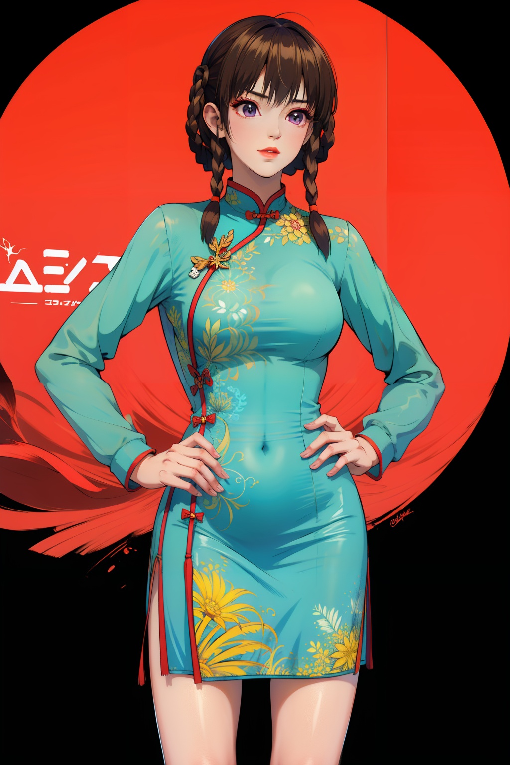 1girl,(solo:1.1),((masterpiece,high quality,best quality,8k,wallpaper,fine lineart,highly detailed,absurdres)),model,thin,cheongsam,china_dress,(pantyhose:1.1),large breasts,Bustling city,standing,hands on hips,front view,(dutch angle:1.1),(fisheye:1.2),cowboy shot,pretty hands,perfect hands,leifang,Best quality,masterpiece,ultra high res,<lora:leifang2rface-000005:0.7>,purple eyes,