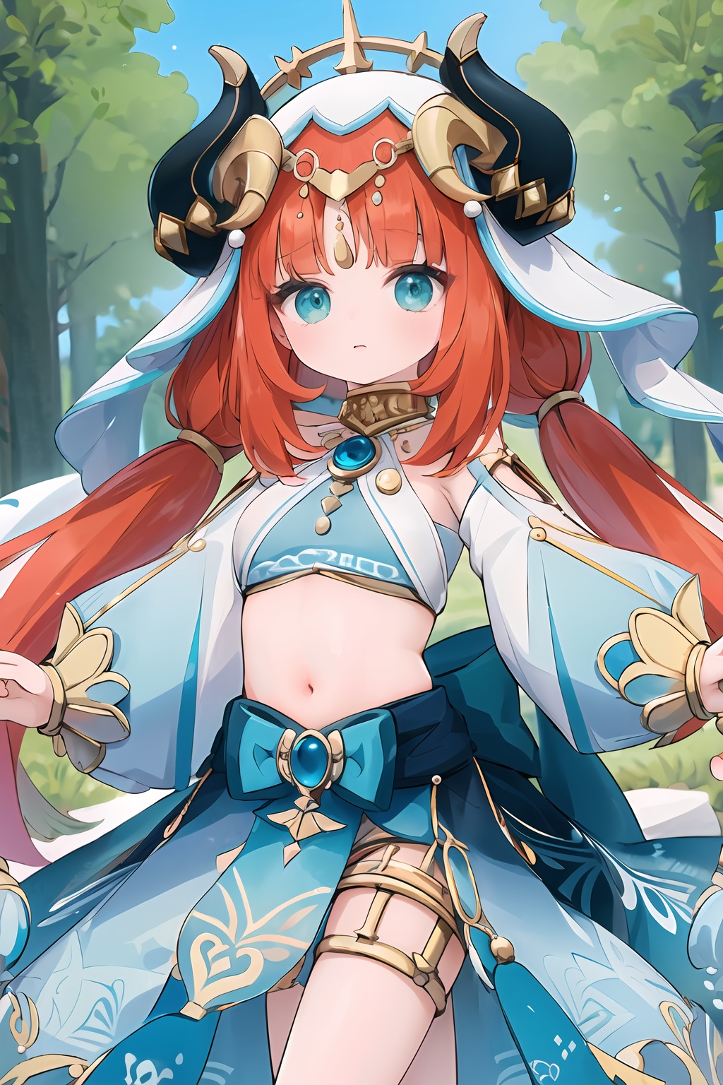 (masterpiece, best quality:1.2),insanely detailed,absurdres,ultra-highres,ultra-detailed,best quality,slender,kawaii,perfect symmetrical face,ultra cute girl,ultra cute face,ultra detailed eyes,ultra cute,ultra beautifu,<lora:nilou-000008:1>,nilou \(genshin impact\),1girl,veil,breasts,low twintails,nail polish,puffy long sleeves,jewelry,crop top,brooch,fake horns,gold trim,blue skirt,neck ruff,backless outfit,bare legs,headwear,tassel,forehead jewel,leg garter,gem,hair ornament,horned headwear,aqua eyes,outdoors,standing,