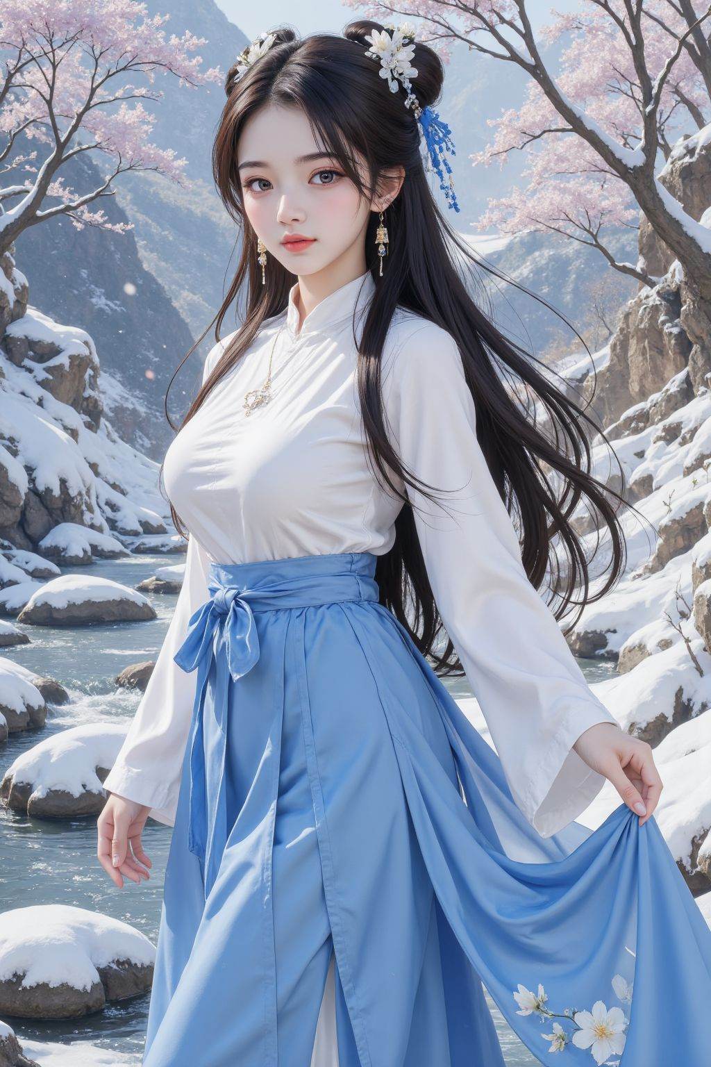 a teenage girl with long hair and brown eyes, wearing a blue chinese skirt, winter clothes, close up, flowers, mountain stream