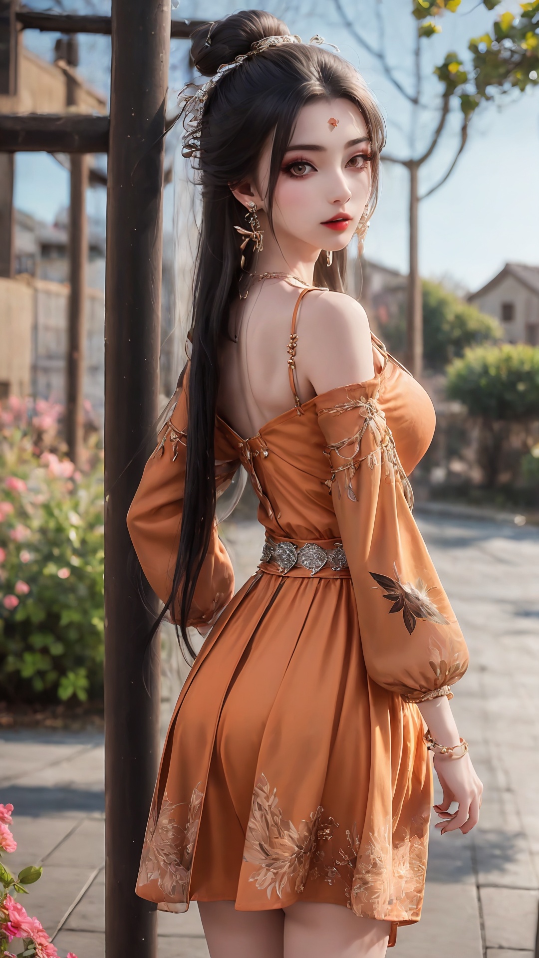 1girl, long hair, solo, jewelry, black hair, earrings, dress, orange dress, looking at viewer, wind, bird, long sleeves, looking back, standing, outdoors, parted lips<lora:girl miaojiangxiaobai_20240912173536:0.7>,