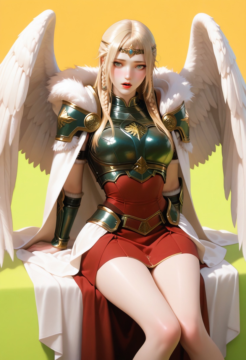 masterpiece,best_quality,(realistic:1.2),photorealistic,amazing quality,very aesthetic,absurdres,vibrant,newest,perfect body,detailled body,fair skin,pale_skin,velvet skin,curvy body,voluptuous body,skindentation,narrow waist,wide hips,full bust,curved silhouette,S-curve body,wide pelvis,slim legs,long legs,wide_shot,perfect hands,extreme aesthetic,masterful details,with a high end texture,in the style of fashion photography,Visual impact,impactful picture,offcial art,simple_background,Hunter Green background wall,amber background,arm support,knees together feet apart,1girl,young woman,solo,open_mouth,bright red lips,knee_blush,<lora:彦:1>,yan01,armor,cape,jewelry,earrings,circlet,breastplate,fur trim,armored dress,sidelocks,braid,twin braids,blonde hair,angel_wings,