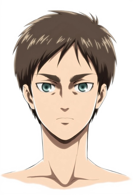 A clean,  sharp drawing of Eren Yeager with very short brown hair,  revealing his defined facial structure. His deep blue...