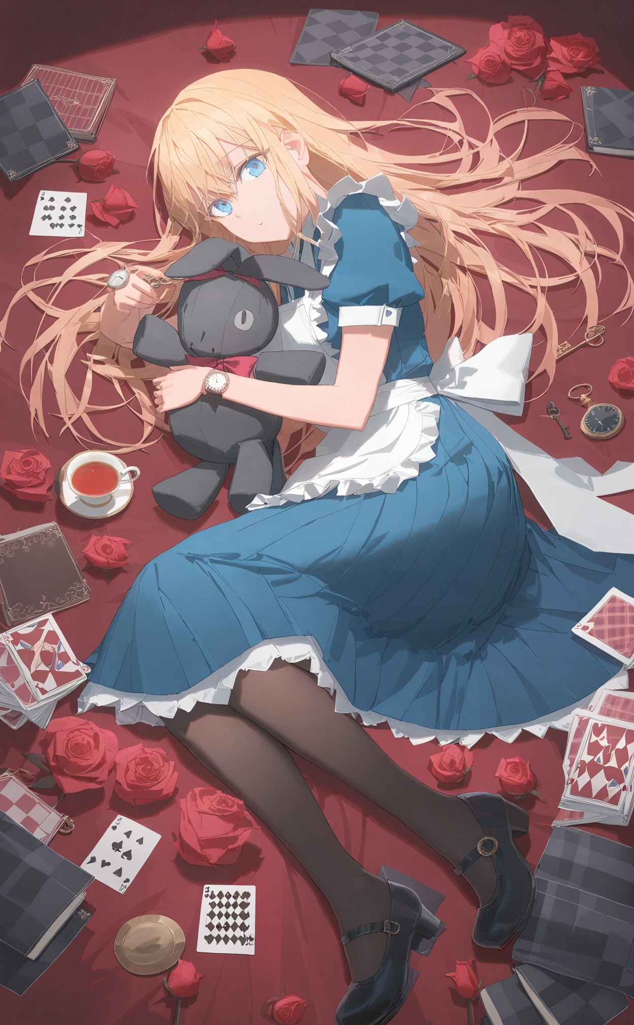 masterpiece,best quality,Artist free style (yohan1754),1girl,stuffed toy,solo,stuffed animal,blonde hair,long hair,blue eyes,watch,stuffed rabbit,key,card,alice (alice in wonderland),pocket watch,cup,lying,flower,pantyhose,dress,playing card,looking at viewer,rose,apron,teacup,blue dress,mary janes,book,shoes,black footwear,on side,food,red flower,short sleeves,