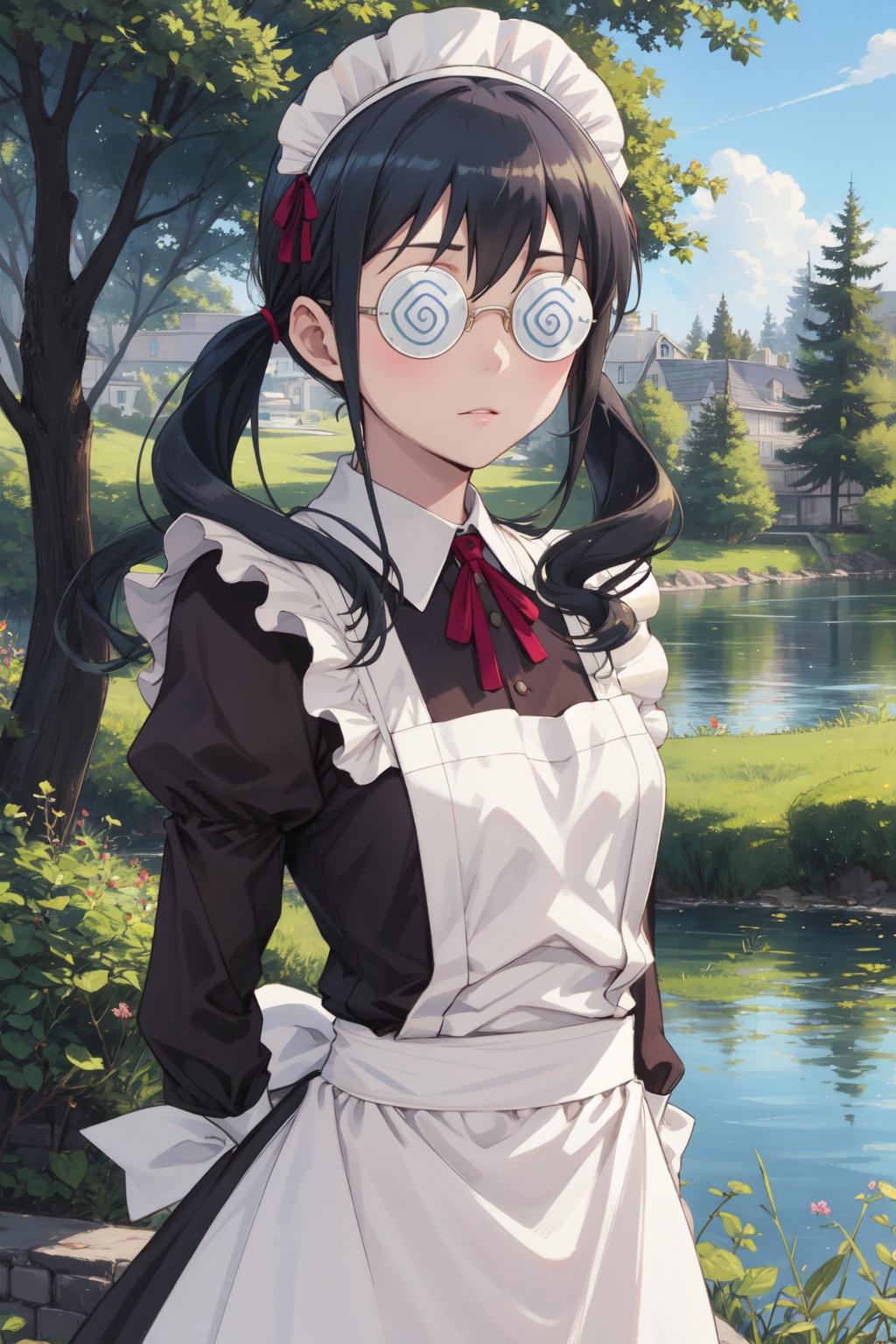 <lora:Saori-000014:0.8>,Saori cyql,1girl,looking at viewer,solo,twintails,black hair,long hair,glasses,@_@,round eyewear,coke-bottle glasses,maid,maid headdress,apron,bored,portrait,beautiful face,beautiful eyes,glossy skin,shiny skin,Lake, Lakeside, Forest, Trees, Reflection, Serenity, Wildlife, Tranquility,(Olive trees, Tuscan villa, Rolling hills, Harvested olives, Warm sunlight, Cypress trees:0.5),beautiful detailed sky,beautiful detailed glow,posing in front of a colorful and dynamic background,masterpiece,best quality,beautiful and aesthetic,contrapposto,female focus,wallpaper,fashion,