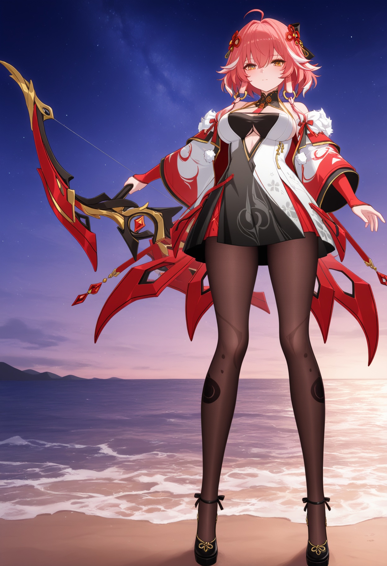 front view,from_below,full_body,bow_(weapon),archery,solo,beach,ocean,waves,gradient_sky,starry_sky,dusk,in summer,<lora:长离师尊:1>,changli,1girl,long hair,bangs,hair ornament,big breasts,ribbon,hair between eyes,bare shoulders,yellow eyes,ahoge,red hair,short hair,multicolored hair,highlighted hair,pink hair,flower,hair flower,lace stockings,exposed,sexy,<lora:锦龙吟:1>,jly,long sleeves,dress,pantyhose,black pantyhose,brown pantyhose,capelet,jacket,white jacket,fur trim,shoes,footwear,black footwear,platform footwear,heels,high heels,platform heels,