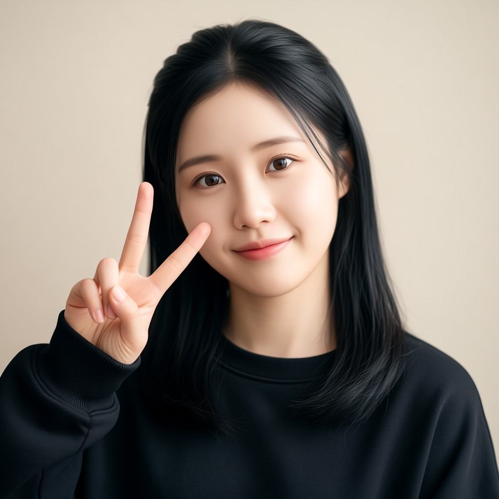 A cute young Asian woman with black medium-length lob hair,  a center part,  and a few face-framing strands falling to her...