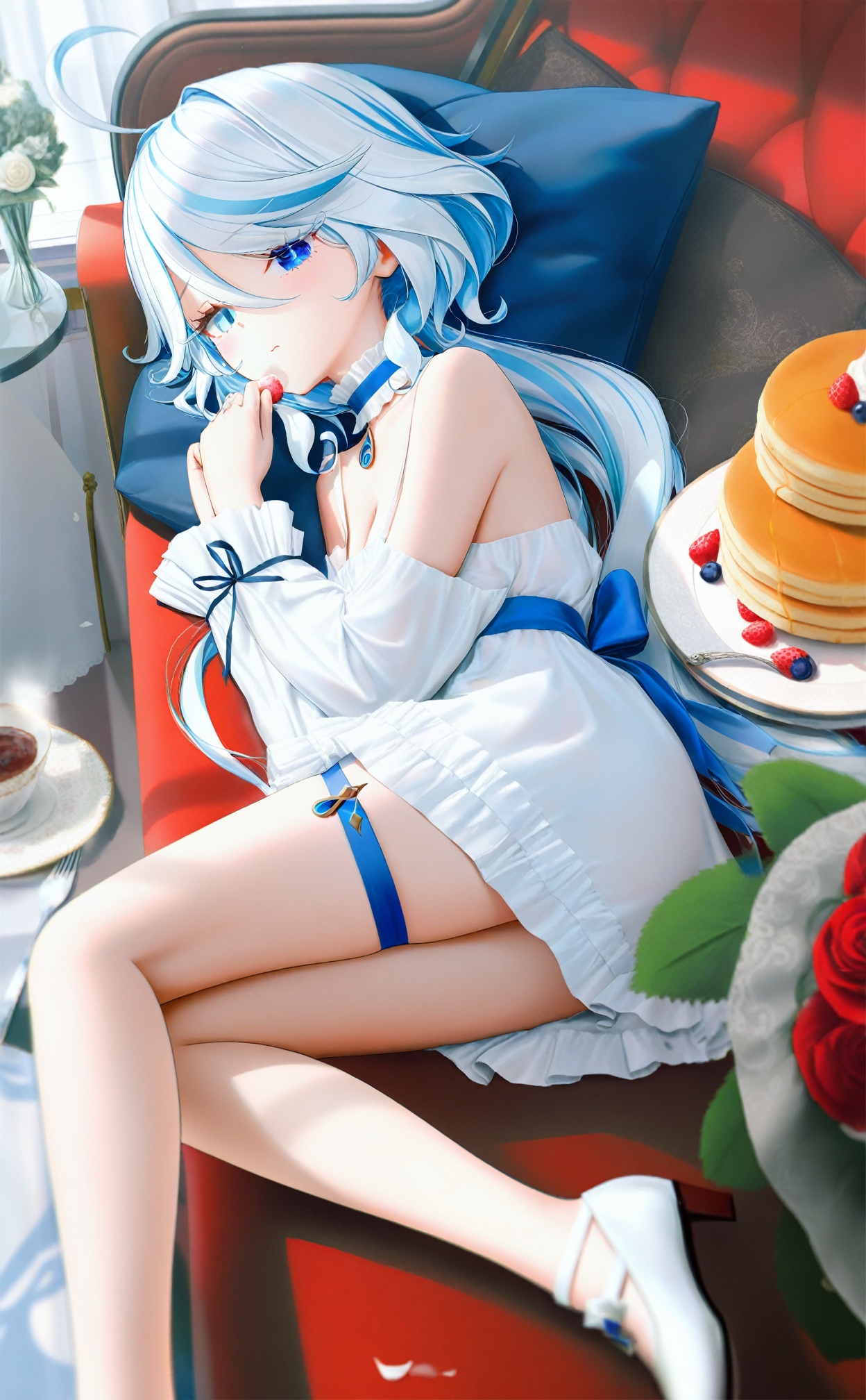 masterpiece,best quality,high quality,loli,snow theme,himitsu_(hi_mi_tsu_2),Artist haneru,Artist:hiten_(hitenkei),artist chen_bin,artist:wanke,(artist:ke-ta:0.6),[Artist:wlop],(Artist agwing86:1.3),(Artist aki99:0.5),(Artist z282g:0.66),loli,1girl,furina \(genshin impact\),breasts,blue hair,blue eyes,mismatched pupils,on side,long hair,dress,solo,thigh strap,light blue hair,food,cake,blue choker,looking at viewer,drop-shaped pupils,cup,vase,white dress,lying,ahoge,teacup,couch,jewelry,curtains,indoors,streaked hair,multicolored hair,choker,hair between eyes,cleavage,pillow,on couch,white hair,fork,heterochromia,bare shoulders,alternate costume,cake slice,blue gemstone,necklace,frills,plate,macaron,flower,frilled dress,lamp,thighs,window,blue brooch,medium breasts,pancake,table,spoon,hair ornament,detached sleeves,strawberry,blueberry,fruit,blush,long sleeves,rose,cushion,frilled choker,off shoulder,very long hair,