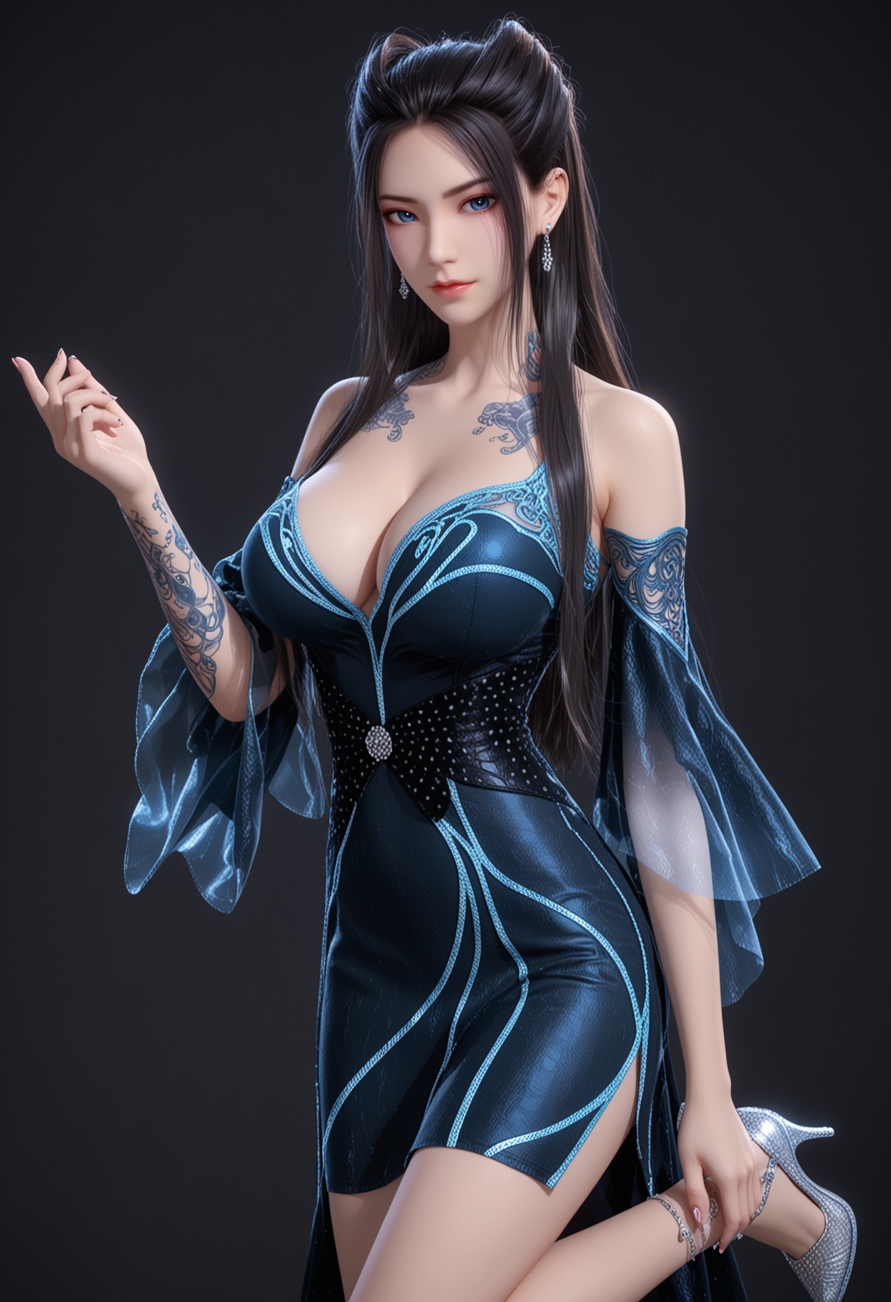 score_9,looking_at_viewer,upper body,(huge breasts:0.8),1girl,solo,black_hair,long_hair,dress,bare_shoulders,breasts,blue_eyes,realistic,cleavage,hair_bun,detached_sleeves,jewelry,blue_dress,stud earrings,high_heels,black_dress,piercing,tattoo,ear_piercing,shoes,footwear,(simple background,pure black background,black background:1.1),perfect_anatomy,<lora:QQSponyyanlingjilanyiV1:0.8>,