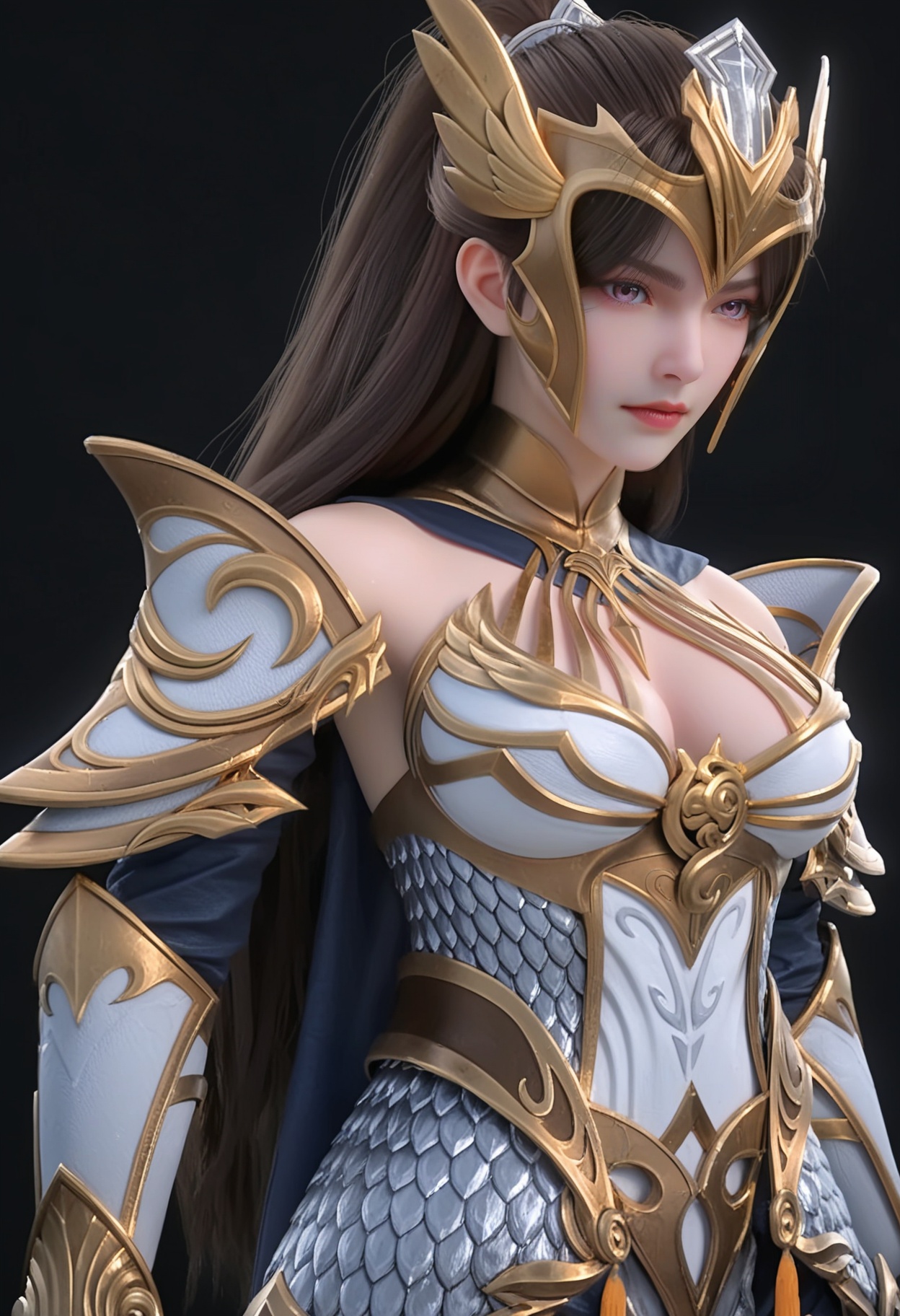 (cowboy shot:1.2),score_9,score_8_up,masterpiece,(best quality),intricate details,facing viewer,(looking at viewer:1.1),<lora:YQ_pony_nvzhanshen_V4:0.8>,q1528437228,1girl,solo,long hair,armor,black hair,shoulder armor,gauntlets,brown hair,ponytail,helmet,pauldrons,armored dress,hair ornament,breastplate,gloves,gorget,purple eyes,blue eyes,dress,vambraces,boots,brown eyes,armored boots,cape,BREAK(score_9:1.2),(score_8_up:1.2),masterpiece,best quality,very aesthetic,perfect anatomy,(hourglass),perfect face,(simple background,pure black background,black background:1.1),fair_skin,(shiny_skin:1.1),Ivory_skin,