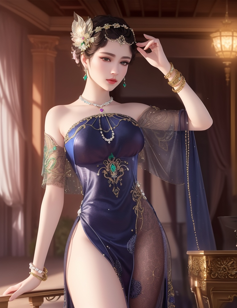 ultra realistic 8k cg, picture-perfect face, flawless, clean, masterpiece, professional artwork, famous artwork, cinematic lighting, cinematic bloom, perfect face, beautiful face, fantasy, dreamlike, unreal, science fiction,  beautiful clothes, lace, lace trim, lace-trimmed legwear,  (rich:1.4), prestige, luxury, jewelry, diamond, gold, pearl, gem, sapphire, ruby, emerald, intricate detail, delicate pattern, charming, alluring, seductive, erotic, enchanting, hair ornament, necklace, earrings, bracelet, armlet,halo((,1girl, pov,))(((,  1girl,  solo,looking at viewer, ))),(((1girl, solo, dress, jewelry,large breasts, )))<lora:DA_WhiteSnakeGreenSnake:0.7>