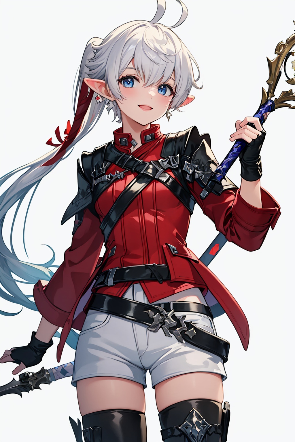 masterpiece,best quality, highly detailed, alisaie leveilleur,1girl, solo, fingerless gloves, elezen, red jacket, looking at viewer, white background, red gloves, smile, floating object, hair ribbon, ahoge, simple background, white shorts, belt, holding sword, long sleeves, thigh boots, white shirt, cowboy shot, white thighhighs, ponytail, hand up,<lora:alisaie_leveilleur:1>