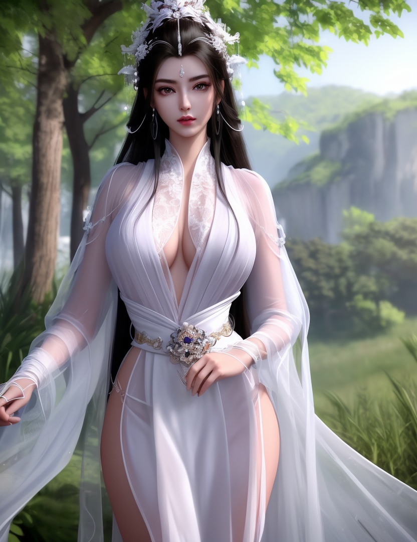 ultra realistic 8k cg, picture-perfect face, flawless, clean, masterpiece, professional artwork, famous artwork, cinematic lighting, cinematic bloom, perfect face, beautiful face, beautiful eyes, ((perfect female body, narrow waist)),fantasy, dreamlike, unreal, science fiction, huge breasts, beautiful clothes, lace, lace trim, lace-trimmed legwear, absurdly long hair, very long hair, (rich:1.4), prestige, luxury, jewelry, diamond, gold, pearl, gem, sapphire, ruby, emerald, intricate detail, delicate pattern, charming, alluring, seductive, erotic, enchanting, hair ornament, necklace, earrings, bracelet, armlet,(((((1girl, pov, outdoors,  absurdres, highres, ))))) , (1girl, fur trim, ,depth_of_field, solo, fur_collar, earrings, see-through, looking_at_viewer, hanfu)<lora:DA_YueYao:0.7>