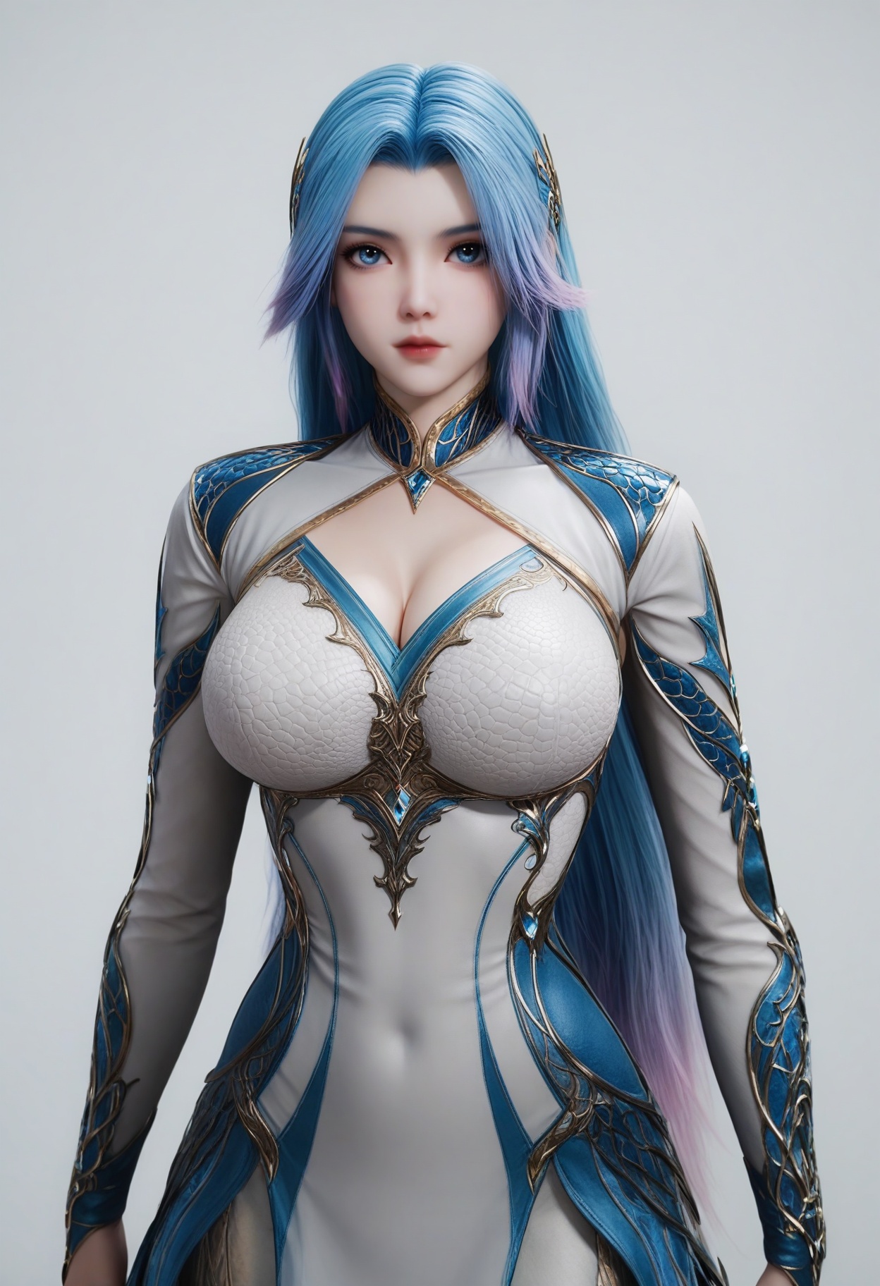 score_9,<lora:SF_WangQiuEr_Pony_Realism2.3-000004:0.7>,1girl,solo,armor,large breasts,blue hair,blue eyes,hair ornament,standing,long hair,gradient hair,two-tone hair,fair_skin,white_skin,Ivory_skin,looking at viewer,white background,
