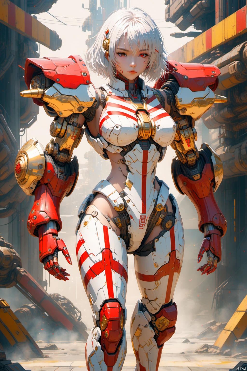 Pretty girl, big breasts, sunny outgoing, white hair, future battle suit, gold plated, electroplated paint, steel mech, Cyberpunk with sci-fi background, 3D, anime style, red stripes, full body<lora:EMS-94469-EMS:0.800000>, <lora:EMS-263250-EMS:0.100000>