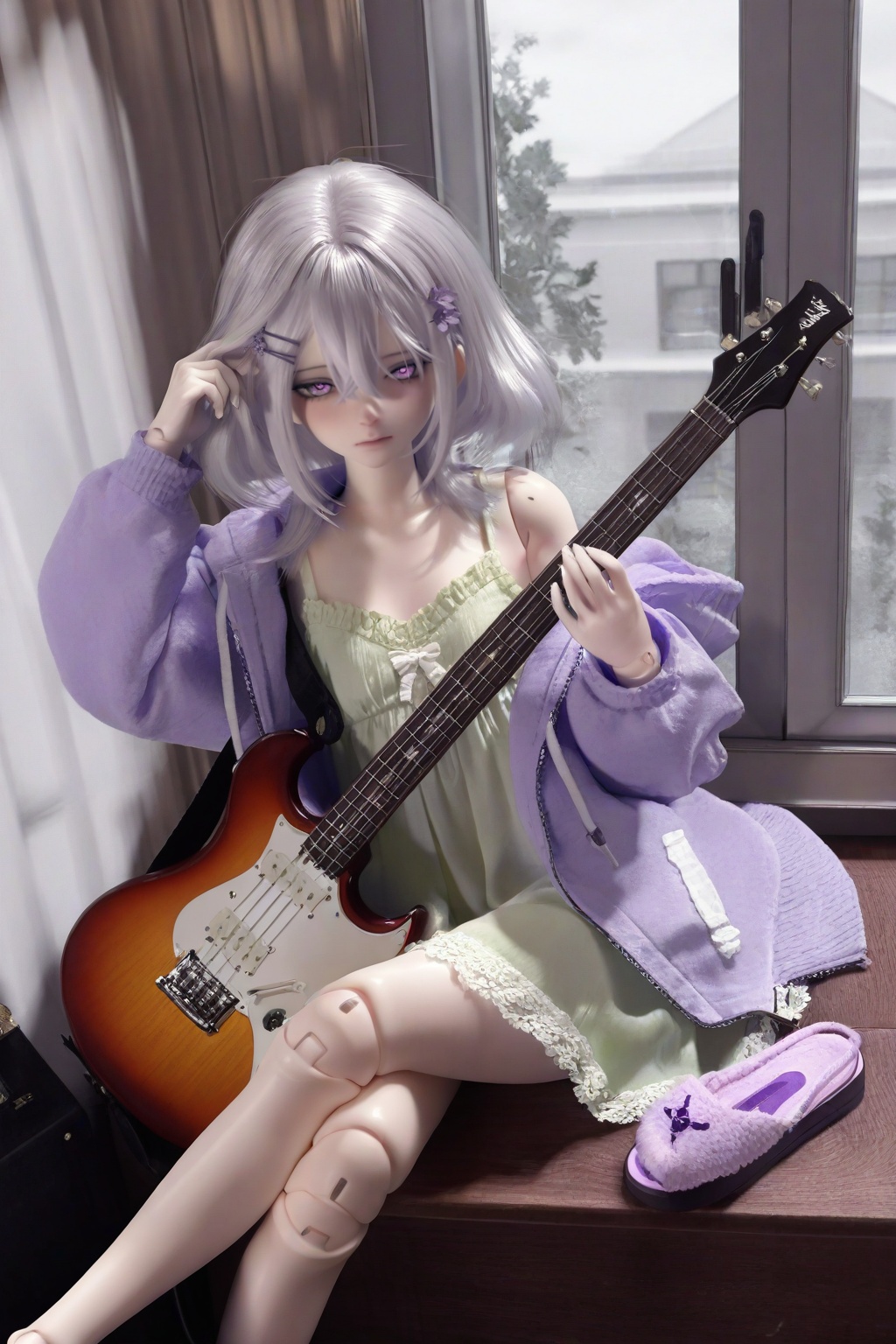 highres,absurdres,Visual impact,masterpiece,best quality,very aesthetic,newest,amazing quality,very awa,doll joints,joints,<lora:DOLL-Style:0.8>,\\,(close-up:1.3),1girl,hair between eyes,long hair,(medium hair:1.1),grey hair,sidelocks,Lilac eyes,purple hairpin,light purple hooded jacket,Light green camisole,Light green dress,Pink slippers,\,sleepy,yandere,adjusting_hair,(holding electric guitar:1.1),sitting,indoors,window,crossed legs,looking at viewer,feet out of frame,