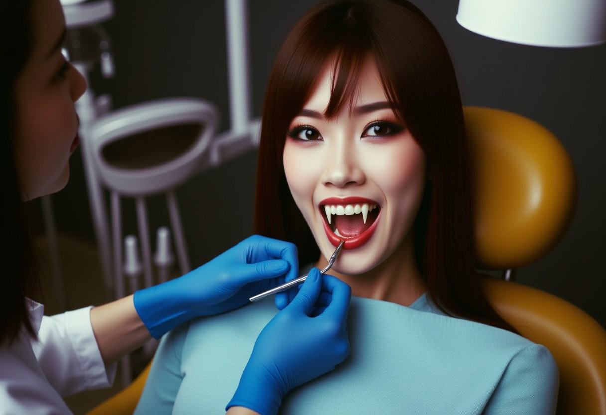 Vampyfangs1. a film still photo. 35mm. 4k. From a 2003 movie. An asian vampire woman is showing off her fangs,  she is at...