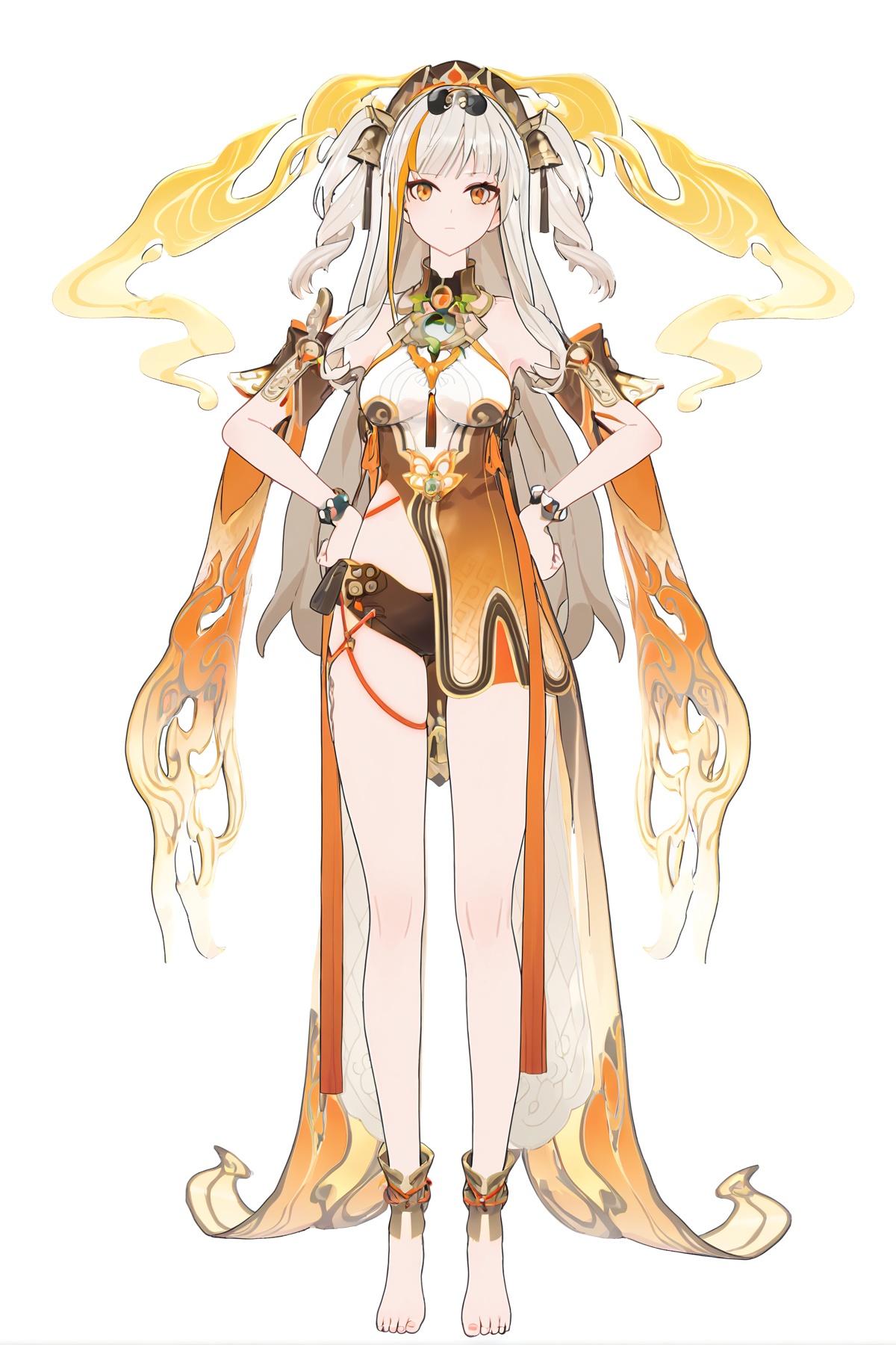 score_9, score_8_up, score_7_up, score_anime, 8k, best quality, masterpiece, (ultra-detailed), (white background:1.1), solo, hands on hip, (full body:1.1), <lora:songque-pony-Tanger:0.8>, songque, 2nd clothes, shen2, golden clothes, 1girl, long hair, jewelry, barefoot, two side up, multicolored hair, 