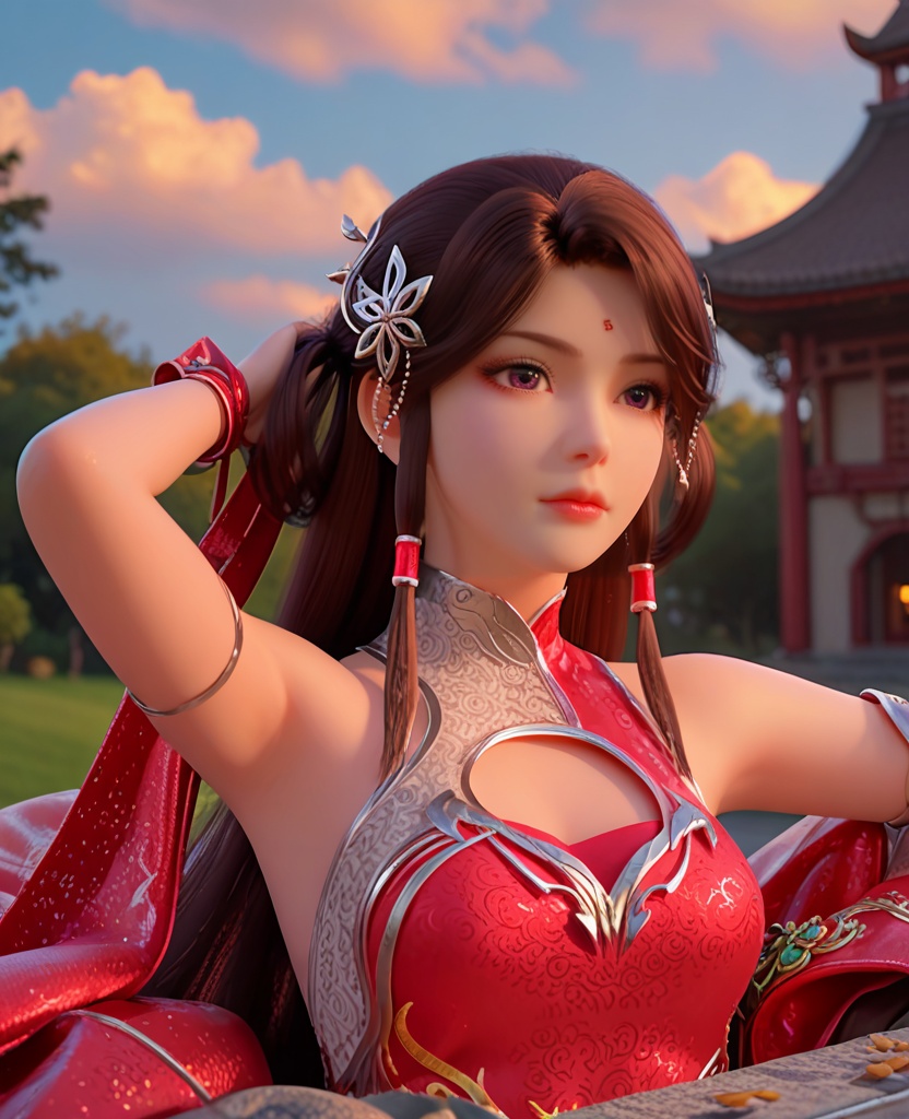 (oriental architecture, elegant decor, sophisticated style:1.1),Lying on a picnic blanket, hands behind the head, watching clouds drift by with wonder,,(breasts:1.2),<lora:XL完美世界火灵儿旗袍v:0.9>,miss huolinger,solo,china dress,brown hair,hair ornament,long hair,forehead mark,double hair rings,hair tubes,double red cuffs,purple eyes,red hair ribbon,clothing cutout,, zPDXL2, score_9, score_8_up, score_7_up BREAK realistic, masterpiece,best quality, highly detailed,, zPDXL3, zPDXL2,zPDXL, zPDXLxxx, zPDXLrl,