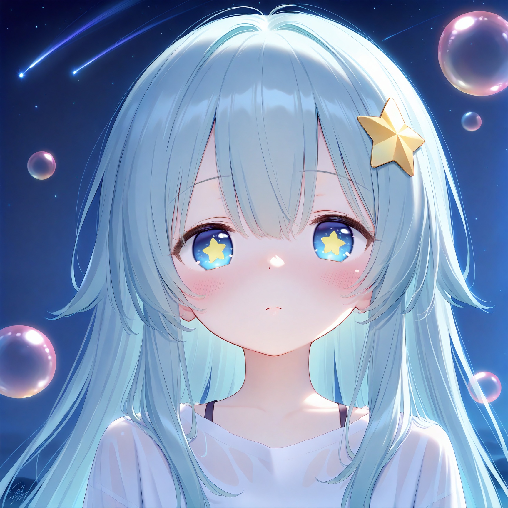 masterpiece,very aware,highres,absurdres,newest,best quality,high quality,loli,petite,chromatic_aberration,//,(loli),1girl,solo,star hair ornament,long hair,hair ornament,star (symbol),star (sky),upper body,shooting star,closed mouth,starry sky,blue eyes,straight-on,hair between eyes,looking at viewer,blush,sky,night sky,bubble,symbol-shaped pupils,double-parted bangs,night,+_+,aqua hair,blue hair,signature,star-shaped pupils,shirt,//,year_2023,year_2024,<lora:loli Style——【noob】hans:1>,