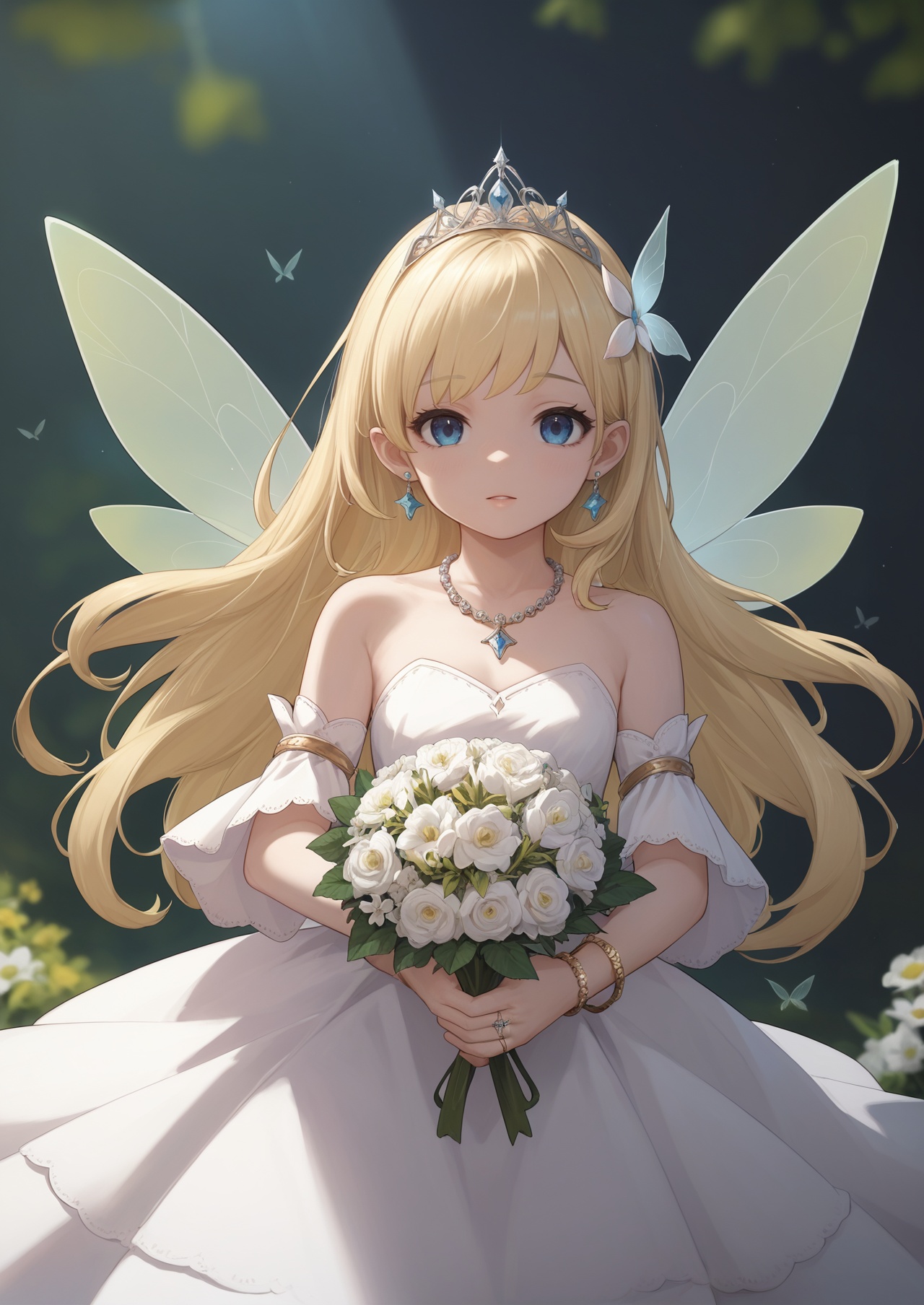 score_10,score_9,score_8_up,score_7_up,1girl,jewelry,solo,flower,blurry background,wings,blurry,dress,holding,blue eyes,bouquet,ring,long hair,earrings,detached sleeves,white dress,looking at viewer,holding flower,blonde hair,necklace,bare shoulders,holding bouquet,bracelet,fairy wings,hair ornament,tiara,white flower,beads,fairy,depth of field,looking_at_viewer,eye-contact,