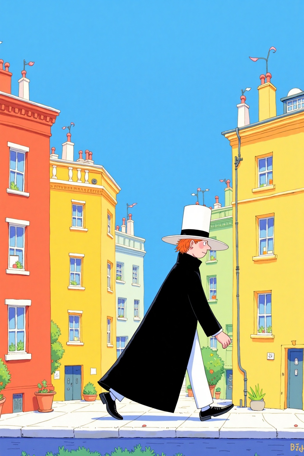beijihui,Captured in a cartoon,a man in a black robe and a white top hat is seen walking on a sidewalk. The man is facing the right side of the image,with his left hand on his hip. His right hand is in the air,and his right arm is slightly bent at the elbow. He is wearing white pants,and black shoes. The background is a bright blue sky,and there are buildings in the background. The building on the left is a reddish orange color,while the building in the middle is a yellow color.,