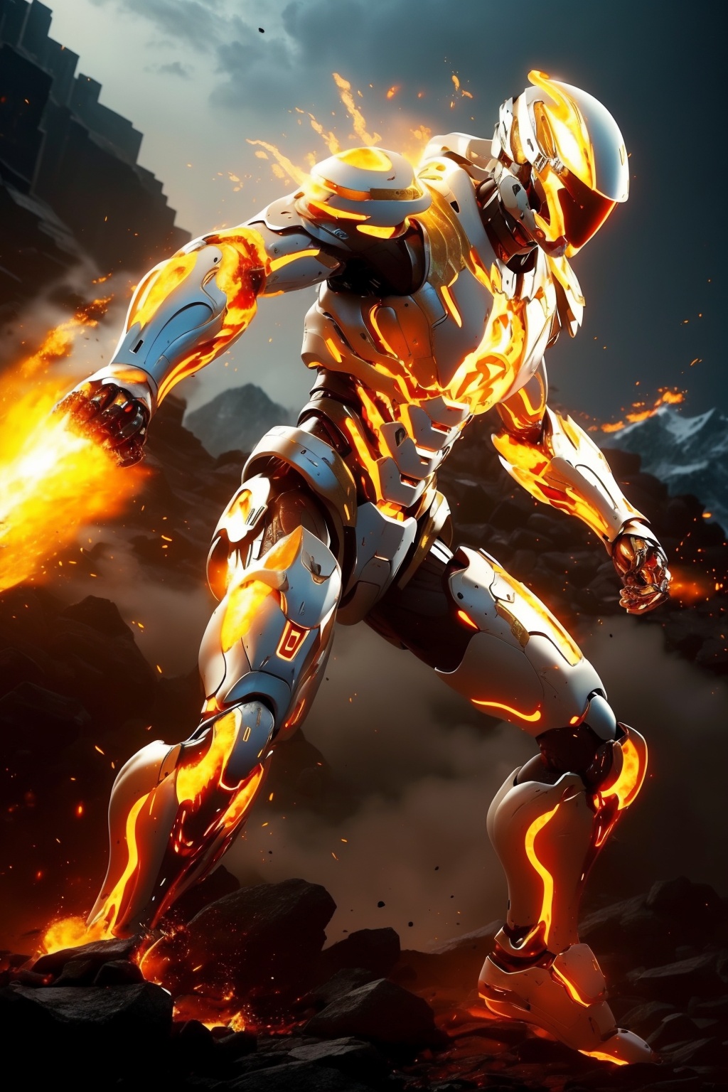 hjyfirerobot,fire,(flame:1.3),flashing lightning,chaos flame around mecha,(rush out from flame and flashing:1.2),sleek mecha,front view,robot sleek and smooth helmet,glowing gold armor,masterpiece,best quality,(highly detailed),cyborg,(full body:1.2),wide angle,(mountain background:1.2),<lora:hjyfirerobot2--000010:1>,