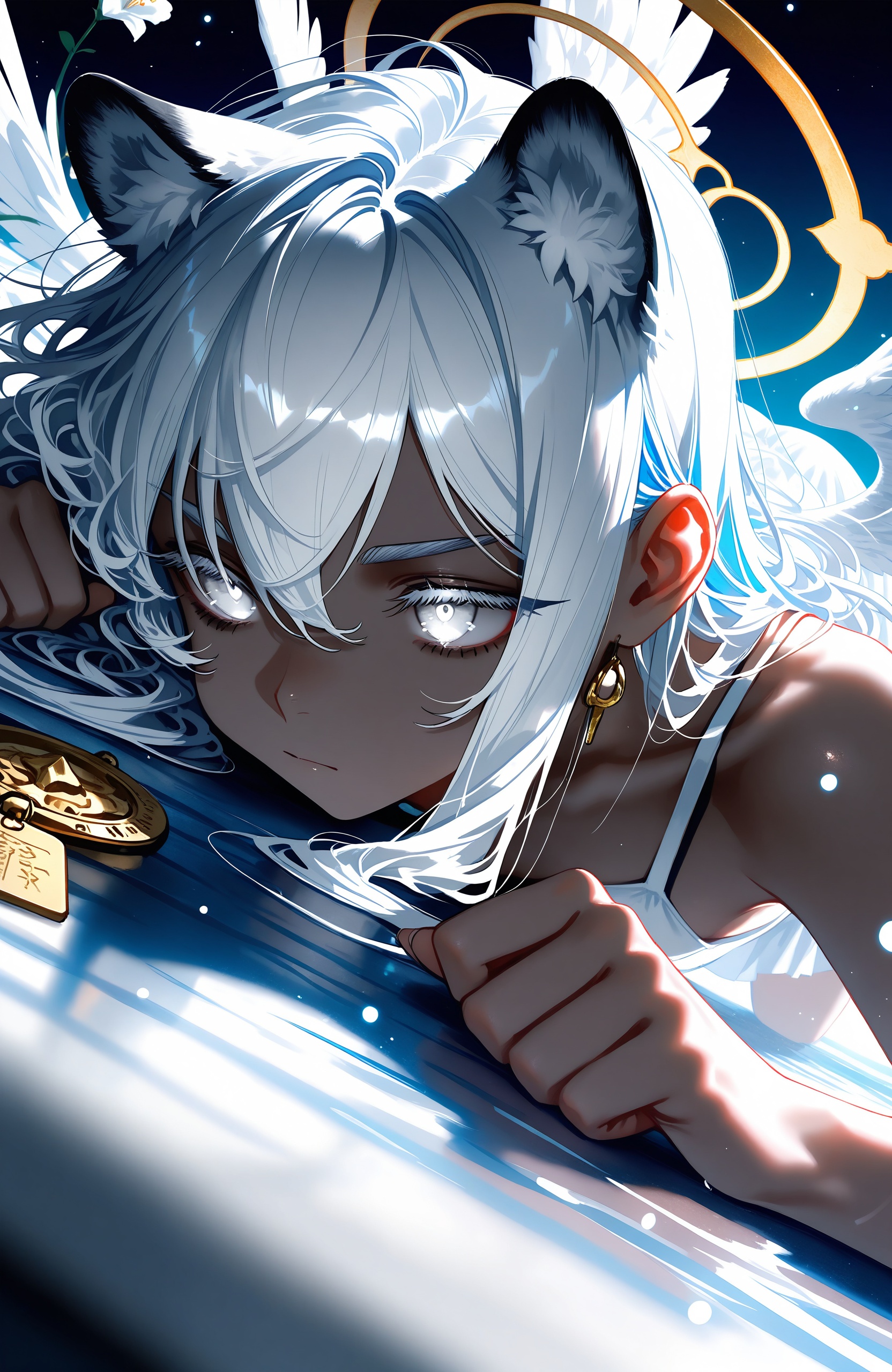 masterpiece,best quality,amazing quality,very aesthetic,absurdres,newest,in the style of fashion photography,light particles,cinematic lighting,Visual impact,sharp focus,Emotionalization,impactful picture,lens flare,depth of field,dynamic pose,dutch angle,extreme aesthetic,(dino_(dinoartforame):0.5),(yoneyama mai:0.5),(Yomu:0.3),(quasarcake:0.4),(wlop:0.3),solo,wings,1girl,golden halo,white eyes,long hair,two wings,(Cobalt blue, dark blue theme:1),angel wings,(spot color),looking away,(monochrome:0.77),angel,simple background,white hair,black,white dress,(greyscale:0.7),closed mouth,depth of field,dynamic,floral background,anime wallpaper,anime character,white hair,gold eyes,(dark skin),(fluffy big hair),white tiger ears,solo,girl,water particles,safe,dutch_angle,top down close-up,masterpiece,award-winning,professional,highly detailed . street art,vibrant,urban,detailed,tag,mural,