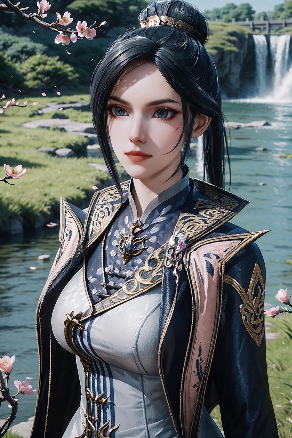 1girl,solo,closed mouth,single hair bun,((hair ornament)),jewelry,high collar,(chinese clothes),jacket on shoulders,cape,(arms behind back),(looking at viewer),outdoors,nature,waterfall,grass,landscape,(lake),(peach blossom:1.2,falling petals:1.3),((upper body)),3d,game cg,Highly detailed,(best quality:1.5,masterpiece:1.5),<lora:zhouyi:0.85>,zhouyi,