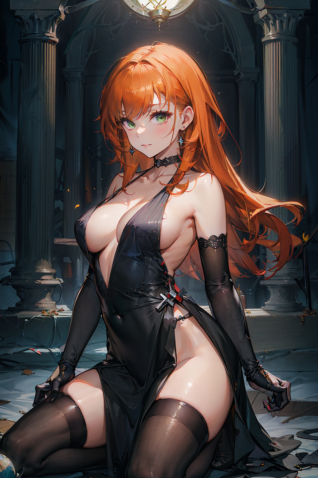 masterpiece,best quality,cowboy shot,looking at viewer,1girl,solo,orange hair,green eyes,:3,large breasts,collarbone,black evening gown,elbow gloves,black gloves,black thighhighs,kneeling,<lora:endfield-000004:0.7>,