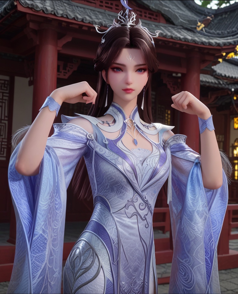 (oriental architecture, elegant decor, sophisticated style:1.1),(flexing:1.1),(breasts:1.2),<lora:XL宗门卧底沧月公主:0.95>,miss cangyue,blue white dress,double sleeve,lace bra,blue eyes,white foil under the left eye,eyeshadow,forehead mark,hair ornament,hair bun,long hair,earrings,pelvic curtain,, score_9,score_8_up,score_7_up,score_6_up,score_5_up,score_4_up,3d rendering,tag1,tag2, Cinematic Lighting,backlighting,