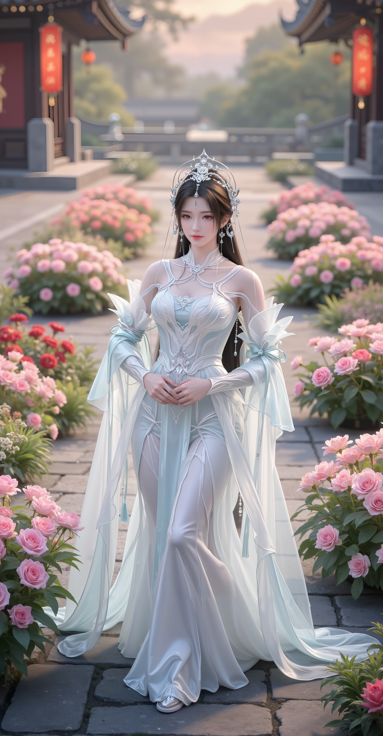 <lora:清漪·新建模6:1.1>,qingyi,(cowboy_shot:1.2),In "Perfect World",Qingyi,dressed in a magnificent white dress,strolls leisurely among the vibrant flower beds. Her extraordinary and refined demeanor,like a fairy descending to the mortal world,adds a touch of mystery and perfection to this beautiful picture,captivating the heart and soul.,<lora:DJ滤镜_2.5D版:0.2>,lvjing,<lora:油画唯美滤镜15:0.3>,baoshi,