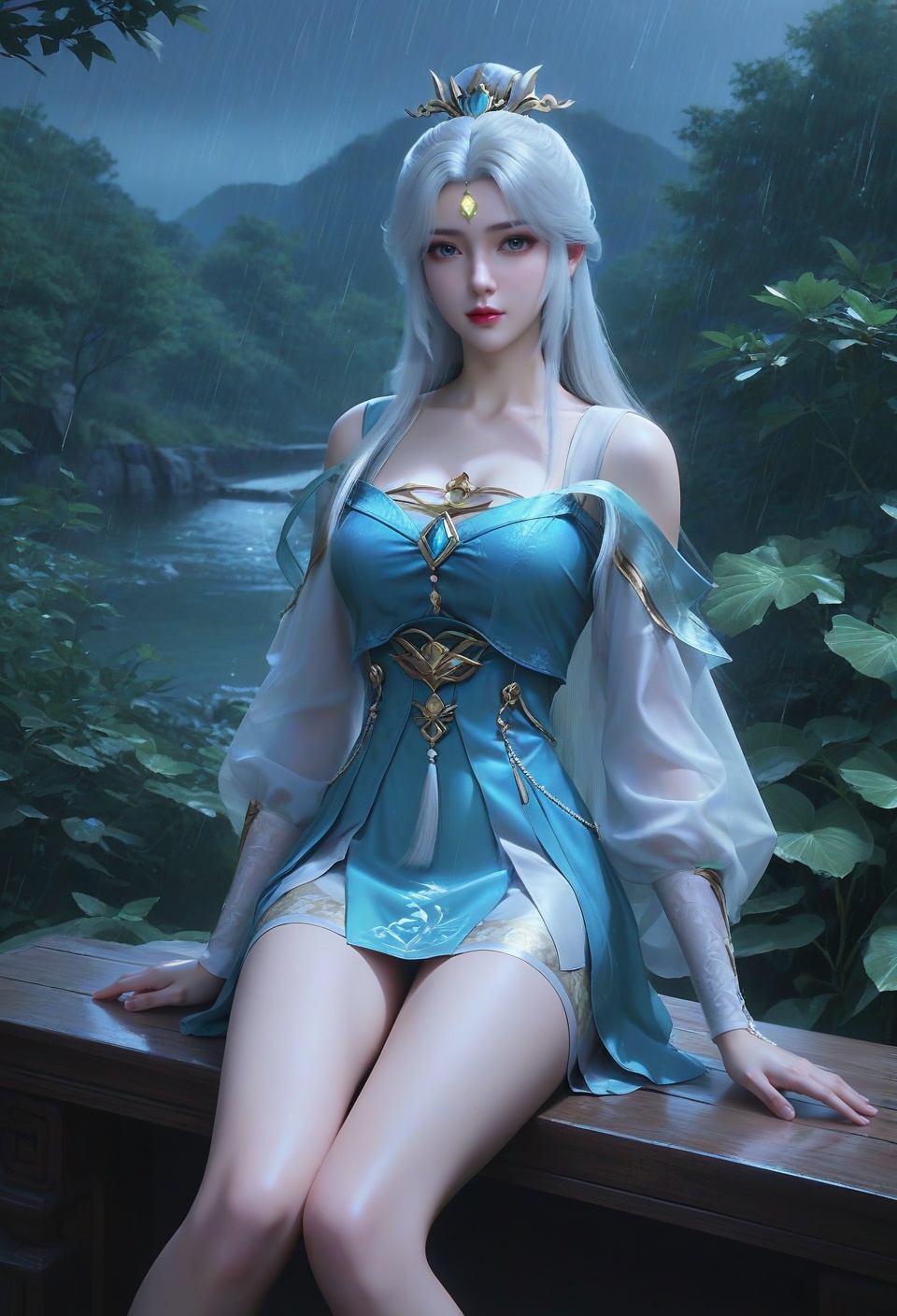 score_9,score_8_up,score_7_up,break.,china dlrb,China girl,mole,1girl,solo,looking at viewer,(sedimentary layer contrast:1.4@z0.7-1.0),white hair,skirt,bare legs,pov,(nm style),1girl,solo,looking at viewer,magic forest,facial,ambient lighting,(girl at x0,y1:1.4),fairy,(rain （环境氛围） beyond z0.7:1.6),(neon lights details:1.3@z0.7-1.0),neon lights,vampire,china,outfit,miniskirt,<lora:16完美世界银凰:0.8>,