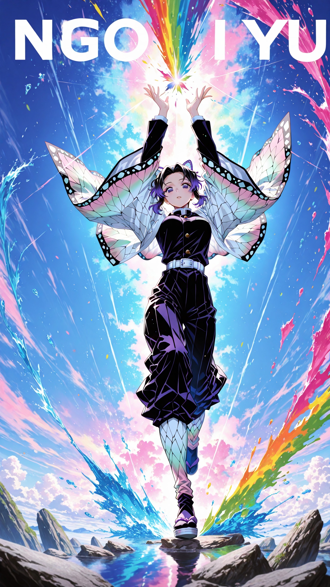 1girl,Kochou Shinobu,kimetsu no yaiba,A shot with tension,(Visual impact,giving the poster a dynamic and visually striking appearance:1.2),impactful picture,(full body:1.3),(masterpiece, best quality:1.2),offcial art,colorful,splash of color,movie perspective,advertising style,magazine cover,