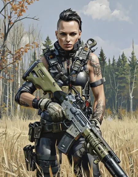 Yurimazum art style.A highly detailed,  digital illustration of a female soldier from the video game series cyberpunk 2077...