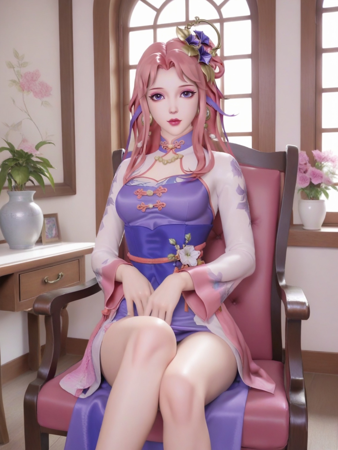 score_9,<lora:SF_WangZhaoJun2_QQZ_Pony_Realism2.3-000003:0.73>,1girl,SFWangZhaoJun,breasts,looking at viewer,dress,hair ornament,pink hair,lipstick,makeup,eyelashes,eyeshadow,hair flower,hair ribbon,long sleeves,solo,cross legs,full shot,cowboy shot,sitting,ribbon,tassel,chair,window,indoors,flower flower pot,
