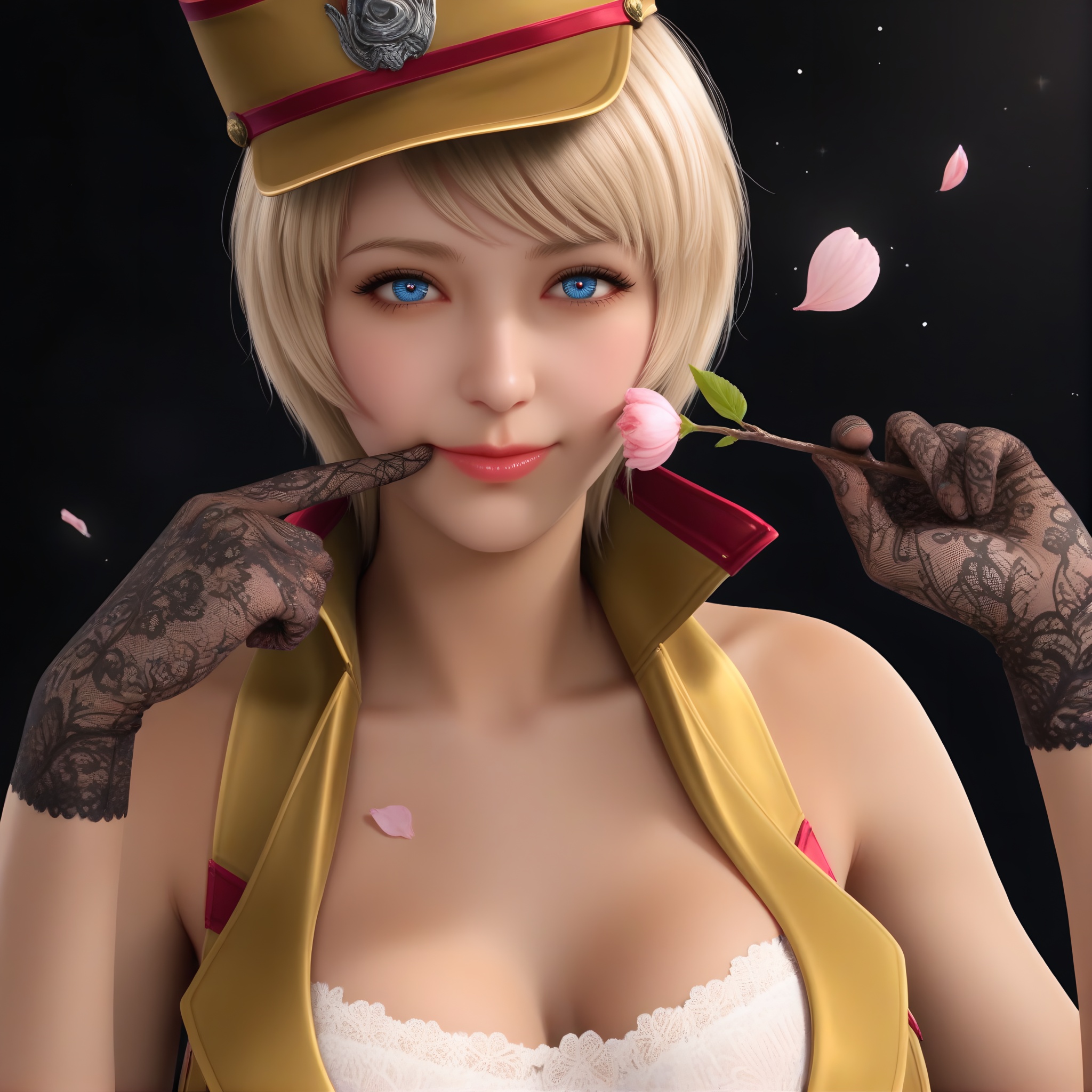 masterpiece,best quality,absurdres,highres,plump,curvy,mature female,<lora:潜-灵狐-ill:0.83>,1girl,solo,blonde hair,short hair,blue eyes,linghuzhe,pupils,bright_pupils,(blue_pupils),halter dress,white bra,lace bra,high collar,bare shoulders,military hat,black gloves,lace gloves,collarbone,upper body,(fingersmile:1.1),looking at viewer,(front view),BREAK(white_skin:1.1),(fair_skin:1.1),realistic,twig,branch,falling petals,simple background,black background,rim light,Volumetric Lighting,lens flare,Tyndall effect,depth of field,bokeh,sparkle,<lora:IL反差:-1>,