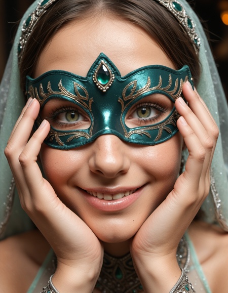 1girl, arabian princess, light olive eyes, dynamic image, intricate clothes, masquerade mask, close-up, mysterious smile, dramatic lighting, eye focus, head resting on hands pose