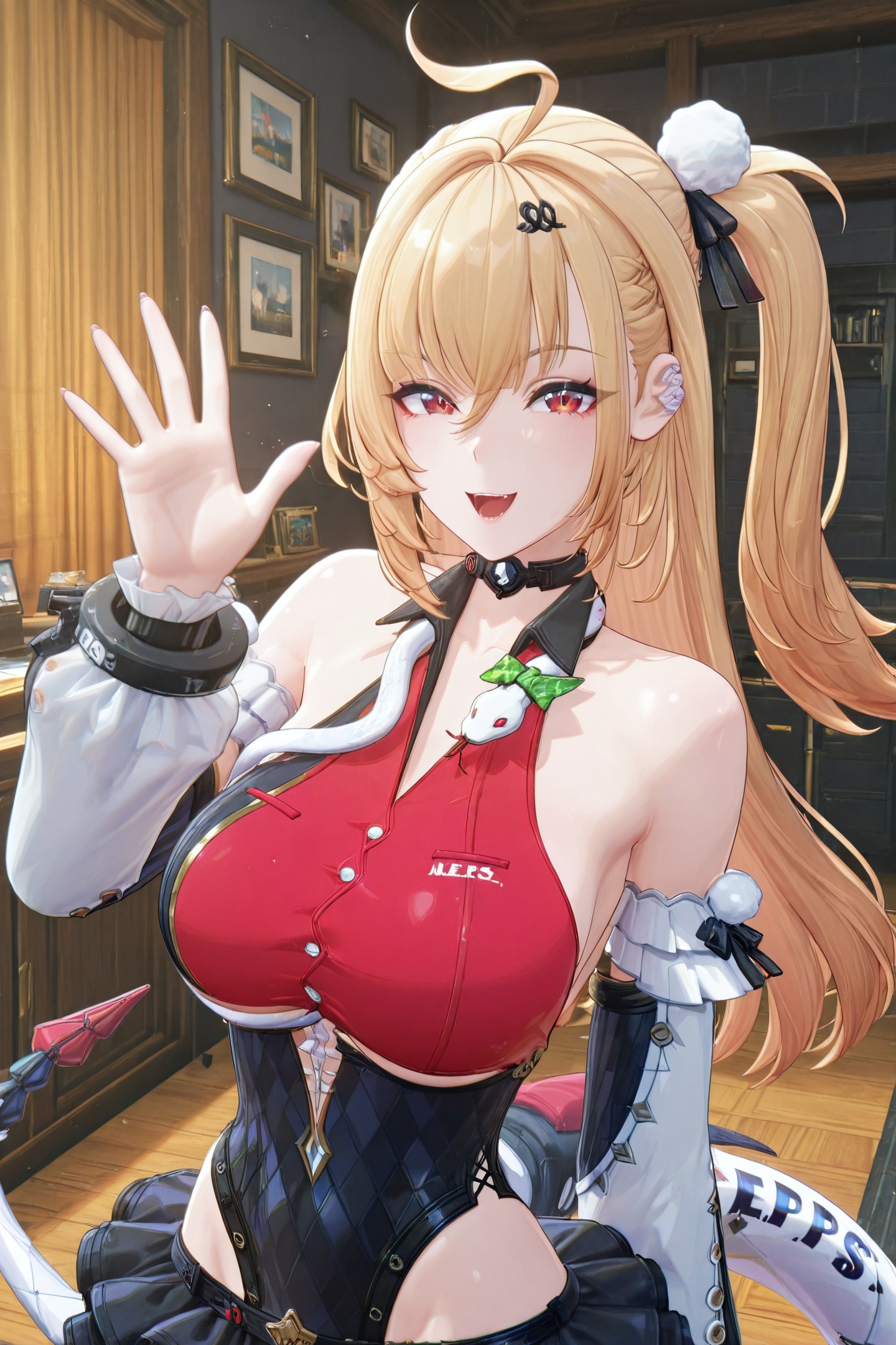 3D Modeling Style,Cissia \(zenless zone zero\),1girl,blonde hair,thighhighs,breasts,solo,large breasts,long hair,red eyes,ahoge,hair ornament,detached sleeves,skirt,looking at viewer,open mouth,smile,black thighhighs,black frilled skirt,thigh strap,bare shoulders,one side up,pom pom hair ornament,green bow snake,snake around neck,mechanical snake tail,hairclip,Cissia's hairclip,pom pom \(clothes\),black and red leotard,upper body,hand up,waving,<lora:Cissia_illustriousXL-000004:1>,