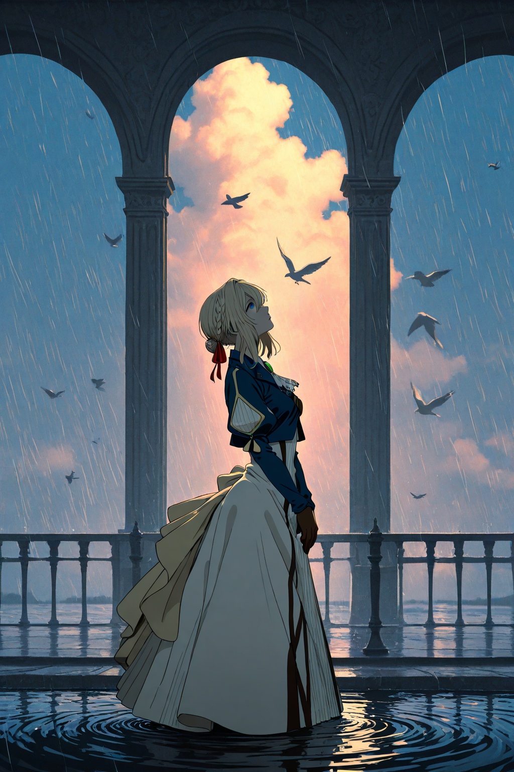 1woman, dynamic pose, small nose, highres, absurdres, 1girl,violet evergarden,green gemstone,bird,blonde hair,braid,blue jacket,dress,white ascot,solo,ribbon,gloves,red ribbon,jacket,hair ribbon,puffy sleeves,long sleeves,v arms,gem,white dress,ascot,jewelry,hair intakes,juliet sleeves,from side,brooch,profile,hair bun,sky,own hands together,white bird,cropped jacket,brown gloves,looking ahead,french braid,long dress,arch,outdoors,braided bun,short hair,medium hair,hair between eyes,railing,flock,standing,parted lips,blue eyes,closed mouth,evening,sidelocks,blue sky,single hair bun,bolo tie,looking down,holding,envelope,cowboy from the side, looking up, in rain, a small stream of water running down over her face, standing in the rain, spinning motion, dynamic pose, high contrast shadowing, fractal, swirly,  candid style. high contrast, grain effect prominent throughout image, high contrast lighting creating dramatic shadows, grainy film-like texture