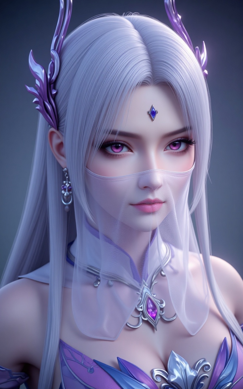 xiaoyixian,lvjing,white hair,long hair,purple eyes,jewelry,hair_ornament,1girl,solo,long hair,veil,red eyes,white hair,closed mouth,portrait,mouth veil,eyelashes,hair ornament,blurry,6,cover,simple background,gradient_background,Close-up details,outstanding style,adding a touch of dimension to your images without compromising details,close-up,