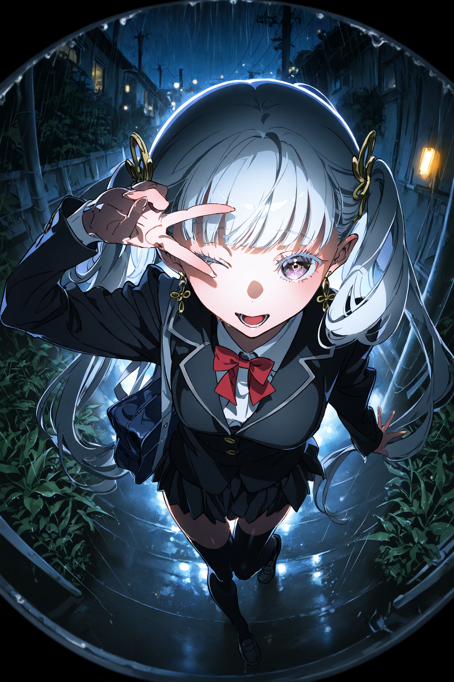 (yoneyama mai),jinhsi (wuthering waves),1girl,school_uniform,black thighhighs,v,hand_up,school bag,scenery,backlighting,from above,fisheye lens,open mouth,wink,complex background,muttiy,plant,utility pole,dark,rain,night,warm light,