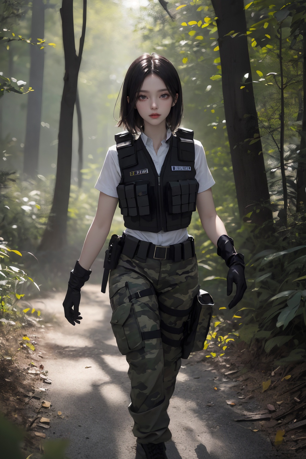 (best quality:1.4),(masterpiece:1.4),(absurdres:1.4),(intricate details:1.2),(looking at viewer:1.4),(cinematic:1.2~1.4),(cinematic lighting:1.2~1.4),(character on center:1.2),(darkness),(lady:1.2),(shiny skin:1.2),(pale skin:1.2),(alive skin:1.2),temperate deciduous forest,Walking forward with a confident stride,Matte eyeshadow (for creating depth and dimension),military uniform,cargo clothes,bulletproof vest,camouflage,cargo pants,holster,black gloves,