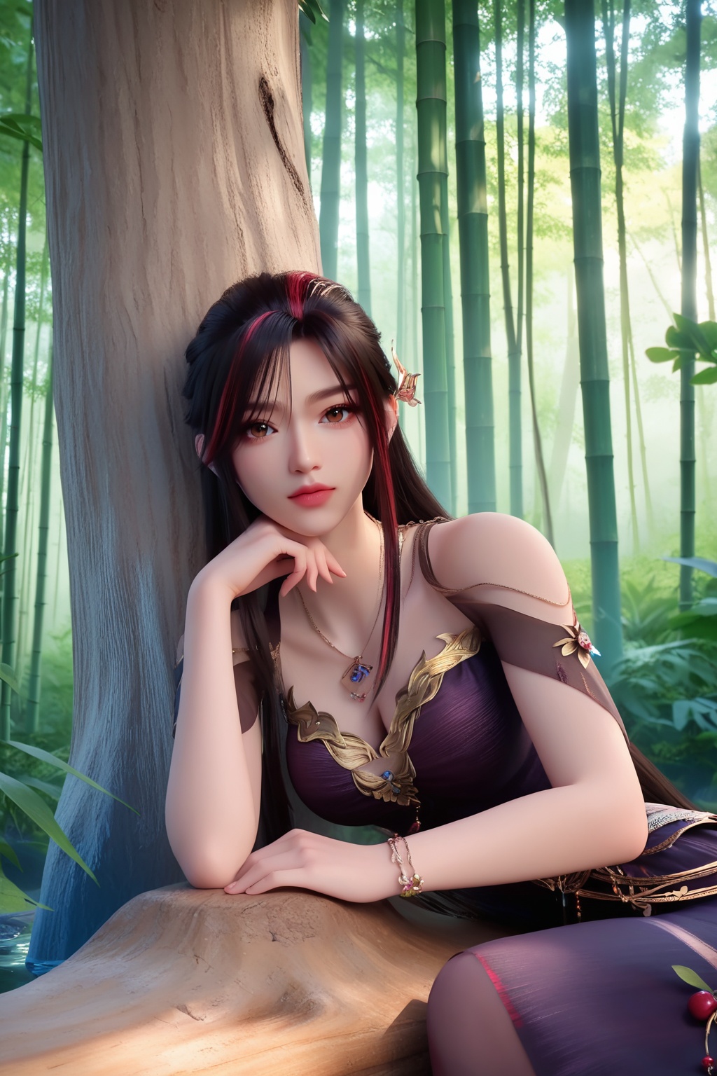 (Resting against a tree trunk in a blooming cherry orchard, she embodies the ephemeral beauty of spring:1.2),looking at viewer,<lora:XL16神国之上赵襄儿黑纱:0.85>,miss zhaoxianger,black corset gown,brown eyes,black hair,red streaked hair,very long hair,hair ornament,jewelry,(large breasts:1.2),bamboo forest,water,stone,pondel,, score_9,score_8_up,score_7_up,score_6_up,score_5_up,score_4_up,3d rendering,tag1,tag2, Cinematic Lighting,backlighting,