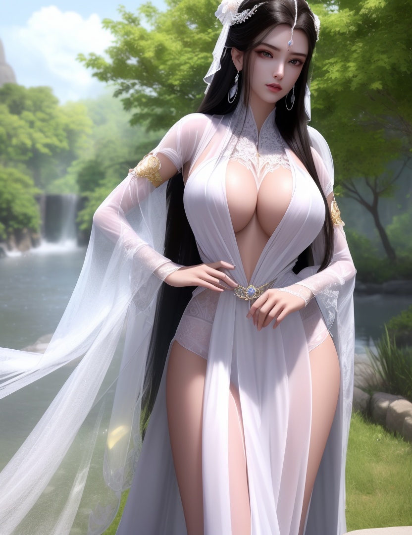 ultra realistic 8k cg, picture-perfect face, flawless, clean, masterpiece, professional artwork, famous artwork, cinematic lighting, cinematic bloom, perfect face, beautiful face, beautiful eyes, ((perfect female body, narrow waist)),fantasy, dreamlike, unreal, science fiction, huge breasts, beautiful clothes, lace, lace trim, lace-trimmed legwear, absurdly long hair, very long hair, (rich:1.4), prestige, luxury, jewelry, diamond, gold, pearl, gem, sapphire, ruby, emerald, intricate detail, delicate pattern, charming, alluring, seductive, erotic, enchanting, hair ornament, necklace, earrings, bracelet, armlet,(((((1girl, pov, outdoors, , ))))) , <lora:DA_YueYao:0.6>
