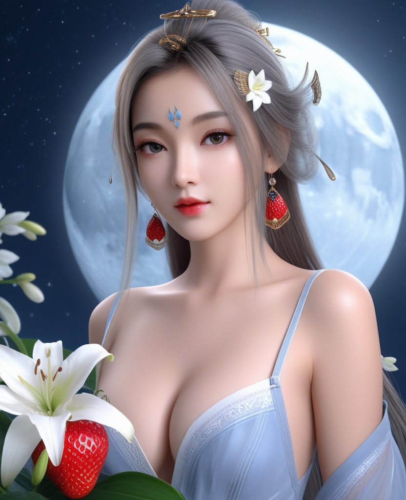 <lora:571-DA-XL-眷思量-奉眠:0.8>(,1girl, ,best quality, ),looking at viewer,  ,ultra detailed background,ultra detailed background,ultra realistic 8k cg, , ,masterpiece, (( , )),, ultra realistic 8k cg, ,      ,lily \(flower\) ,full moon ,strawberry blossoms      (cleavage), (),