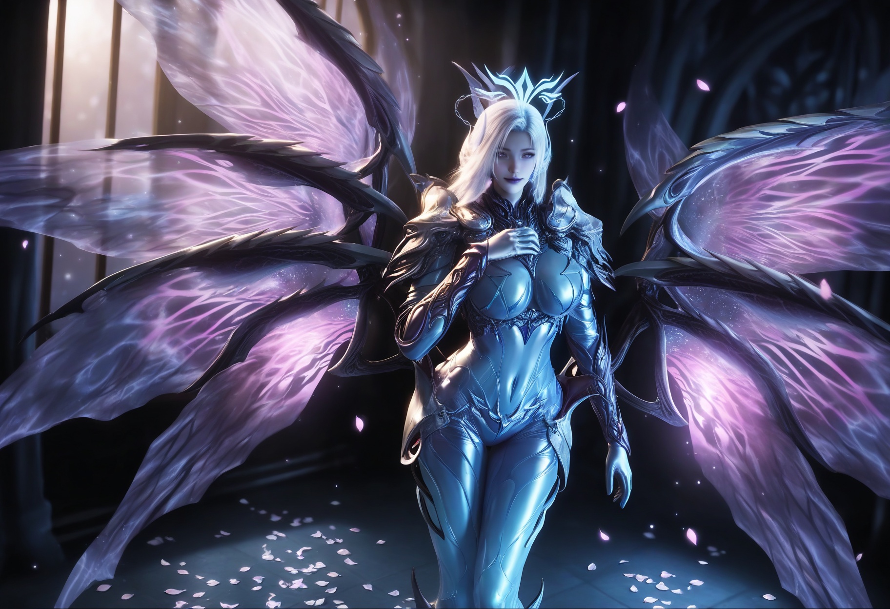 masterpiece,best quality,amazing quality,very aesthetic,high resolution,ultra-detailed,absurdres,scenery,photorealistic,(looking at viewer:1.1),(Dark room:1.3),(moody lighting:1.1),peach blossom,falling petals,(large breasts:1.2),nancheng,1girl,solo,white hair,armor,wings,purple lips,long hair,blue eyes,purple eyes,bodysuit,closed mouth,shoulder armor,makeup,glowing,halo,blue skin,colored skin,high heels BREAK photorealistic details,<lora:QQSillnanchengV1:0.8>,